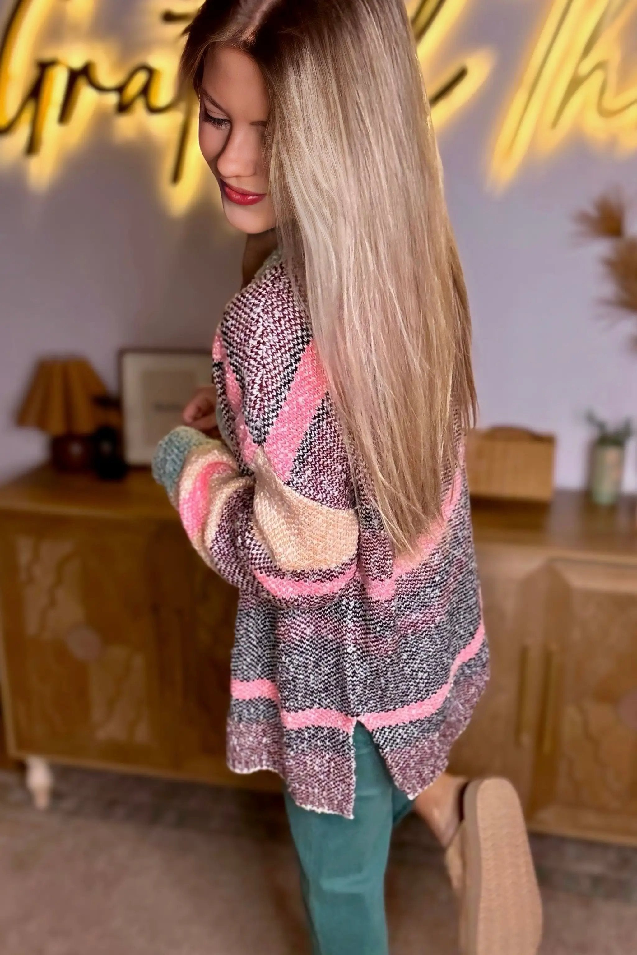 Grateful Threads Boutique Multicolor Color Block Striped Side Slit Open Front Cardigan - Cardigans Multicolor Color Block Striped Side Slit Open Front Cardigan