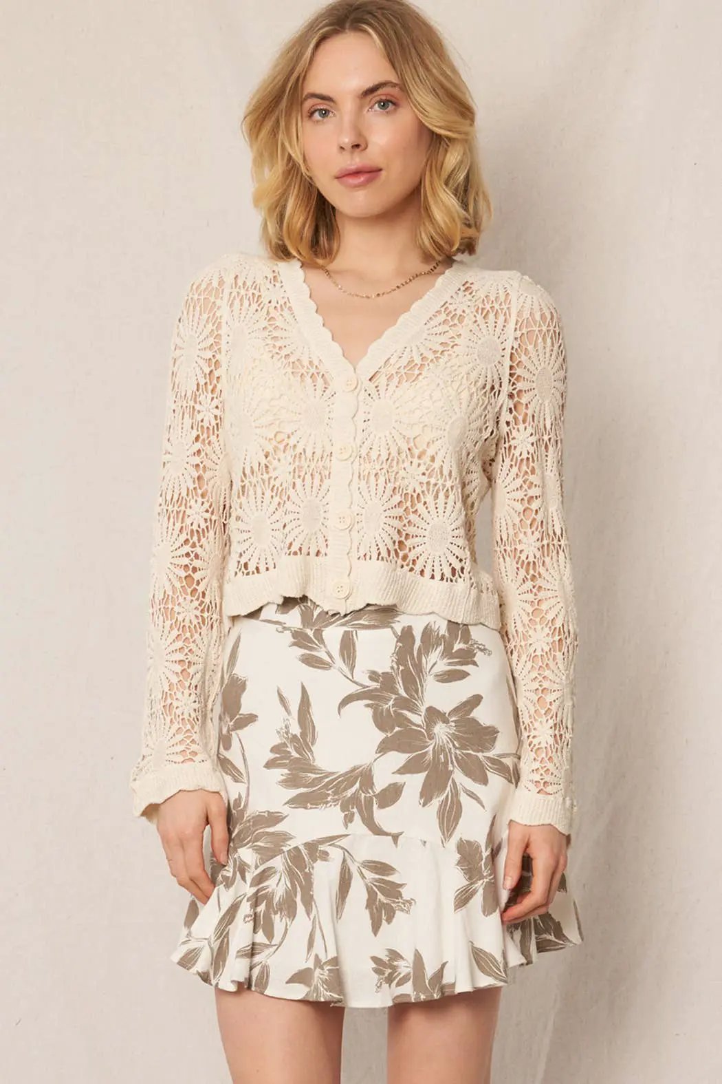 En Crème En Crème Natural Flower Pattern Crochet Cardigan - Cardigans