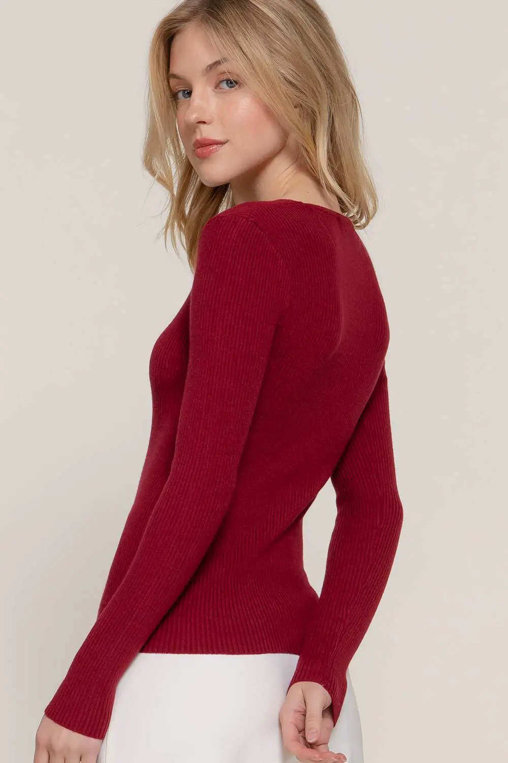Active Basic | Active USA Crimson Crush Ribbed Viscose V-Neck Sweater - Sweaters