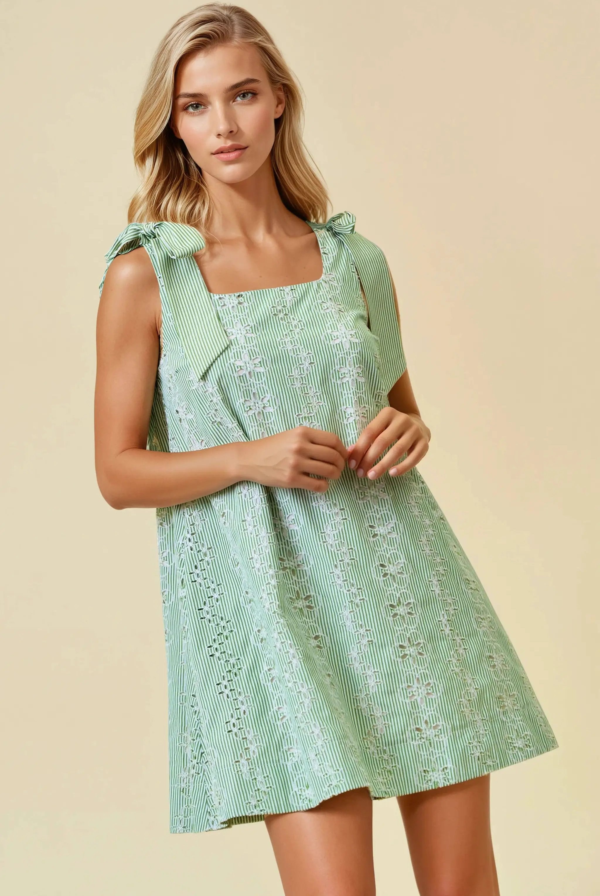 Doe and Rae The Kiwi Garden Eyelet Tie-Shoulder Mini Dress - Dresses