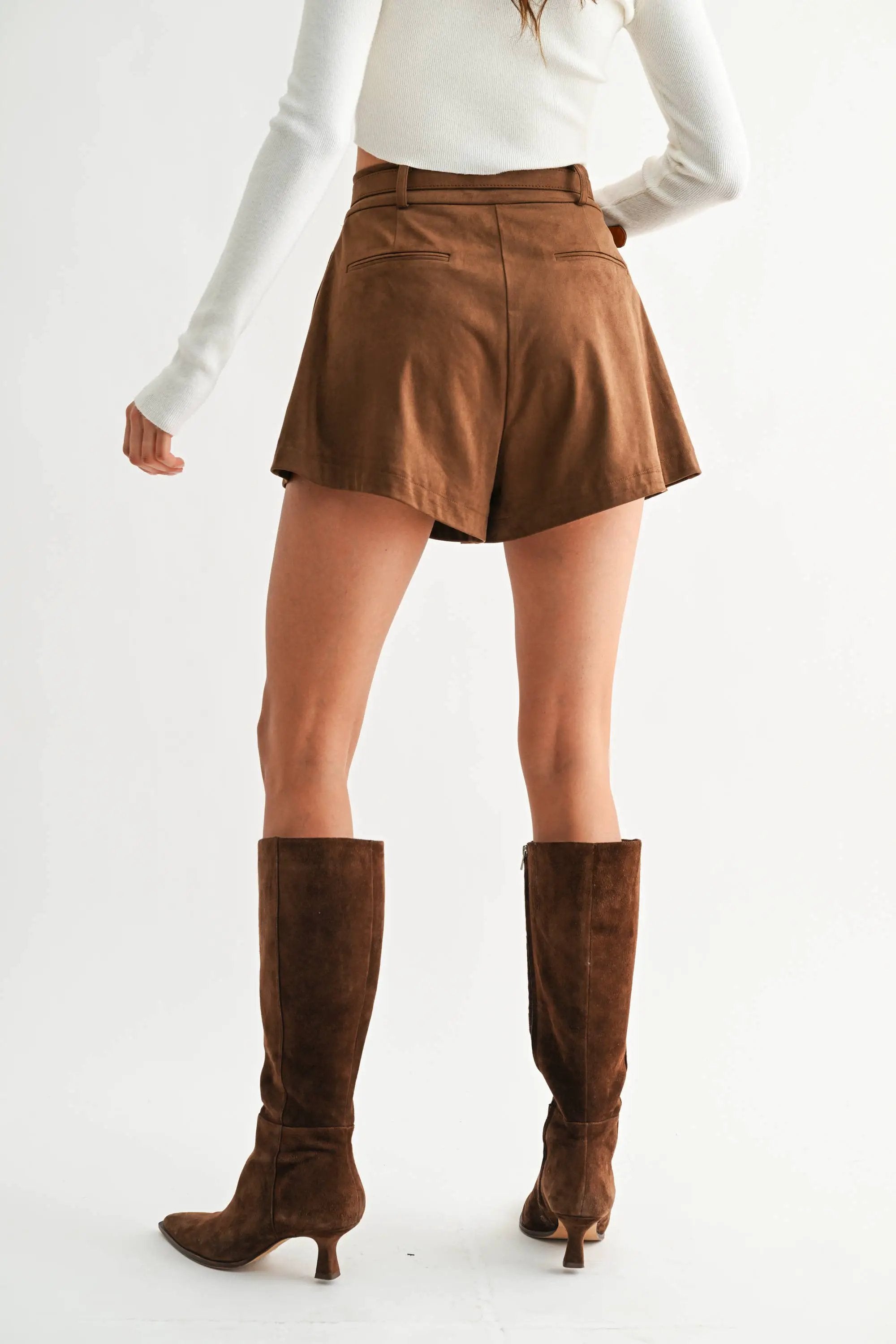 Camellia The Rich Caramel Suede Belted High-Waist Pleated Shorts - Shorts shorts