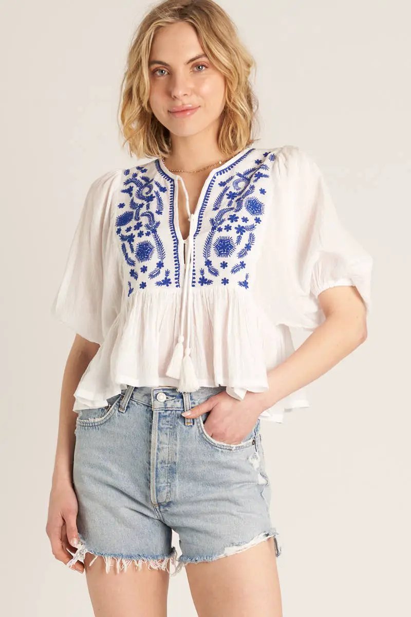 En Crème En Crème White & Blue Puff Sleeve Peplum Top with Embroidery Detail - Blouses Spring summer tops