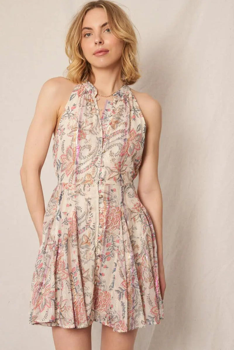 En Crème En Crème Ivory Pink Metallic & Blue Sleeveless Pleated Dress with Button Detail - Dresses sleeveless pleated dress