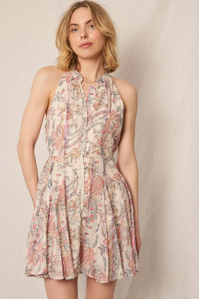 En Crème En Crème Ivory Pink Metallic & Blue Sleeveless Pleated Dress with Button Detail - Dresses sleeveless pleated dress
