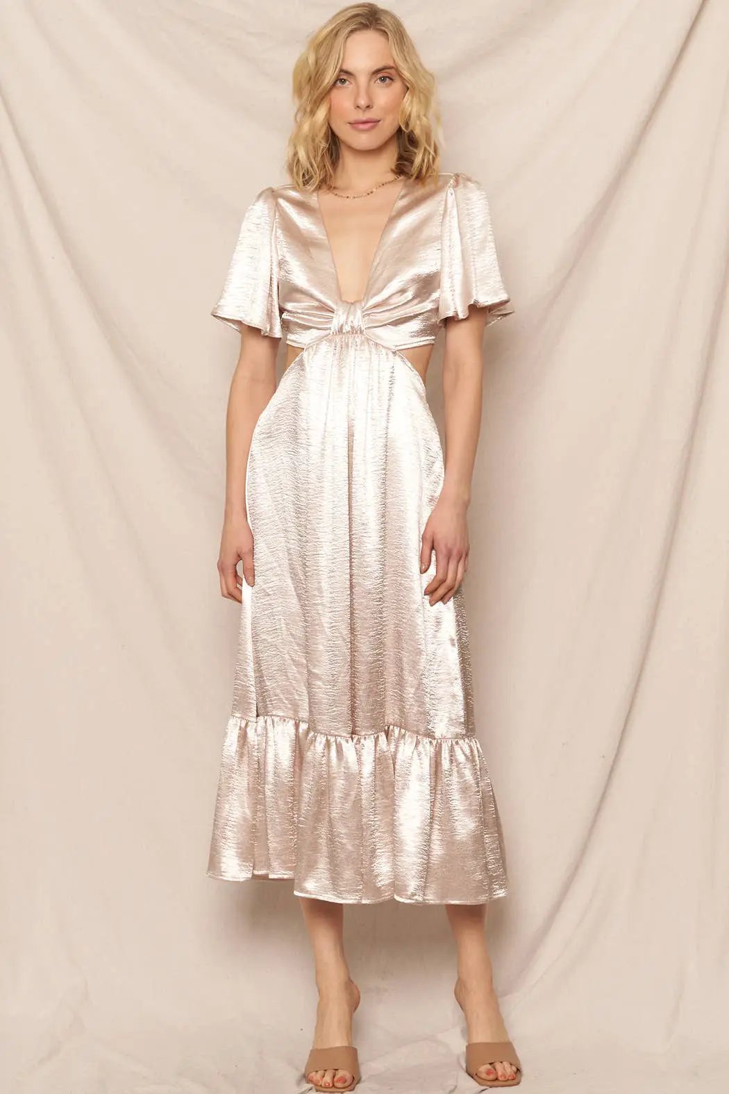 En Crème En Crème Ivory Satin Flutter Sleeve Open-Back Maxi Dress - Dresses
