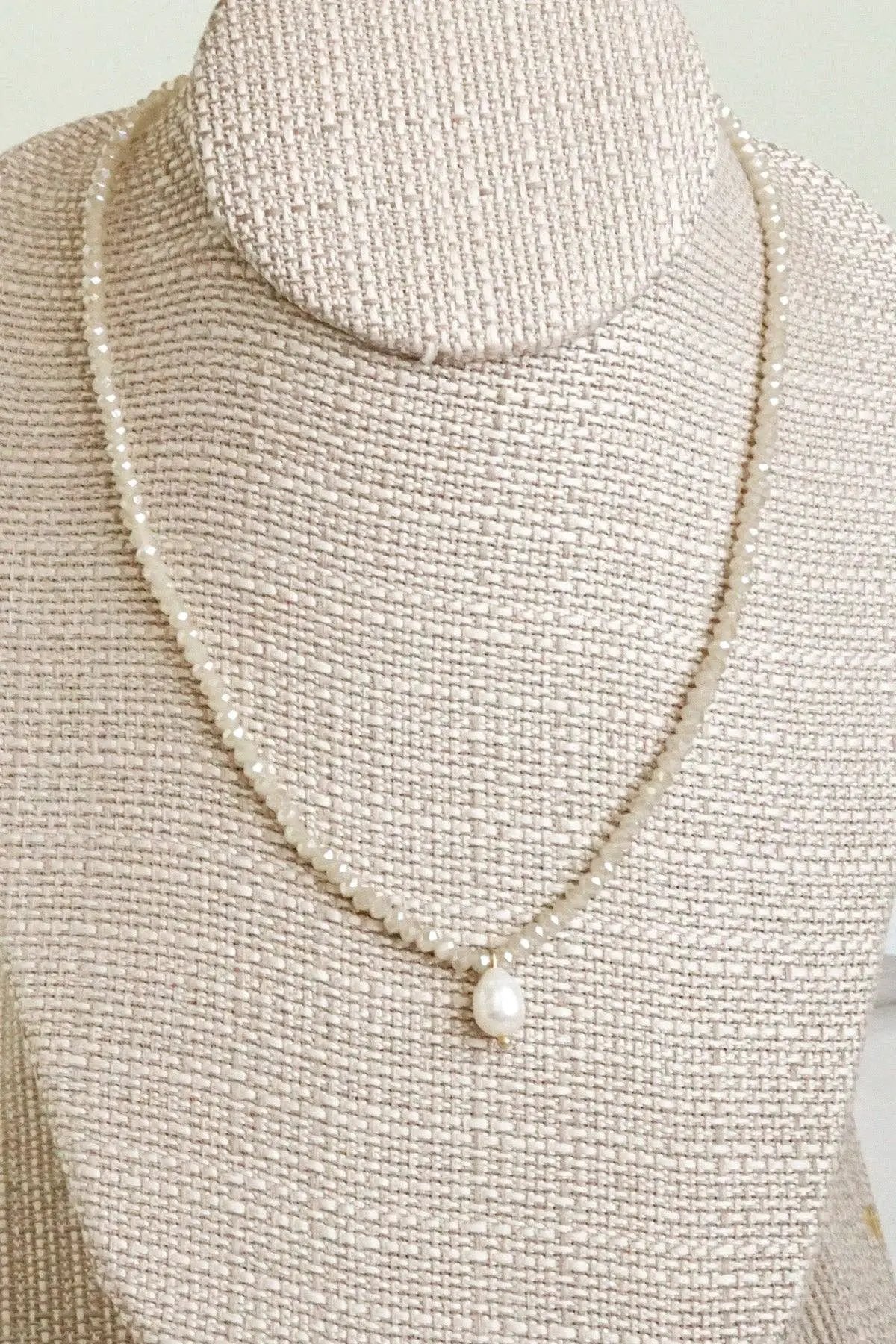 PennyLine inc The Beige Glass Beaded Chain Freshwater Pearl Pendant Necklace - Jewelry short necklace glass beads pendant beige