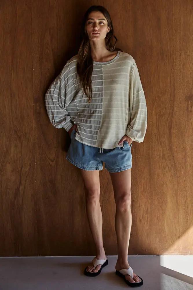 By Together Knit Cotton Ribbed Striped Half Contrast Top - Shirts