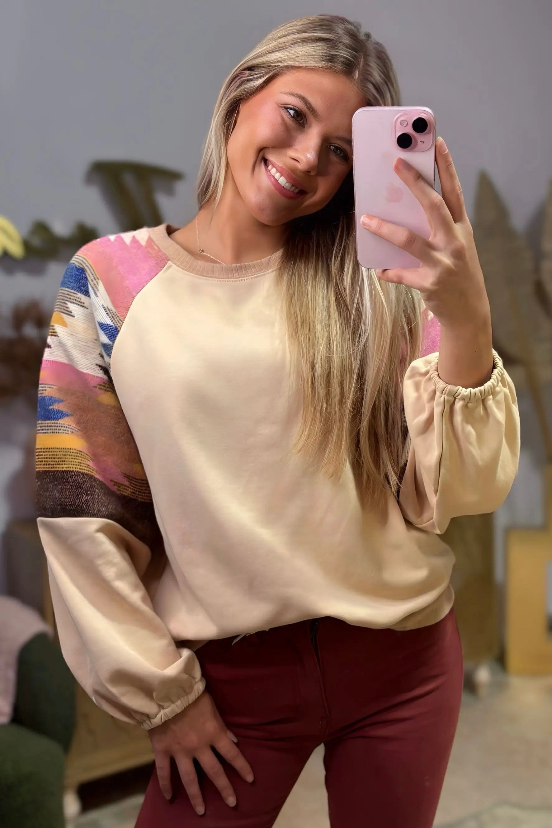 Grateful Threads Boutique Light French Beige Aztec Patchwork Raglan Pullover Sweatshirt - Sweatshirts Light French Beige Aztec Patchwork Raglan Pullover Sweatshirt
