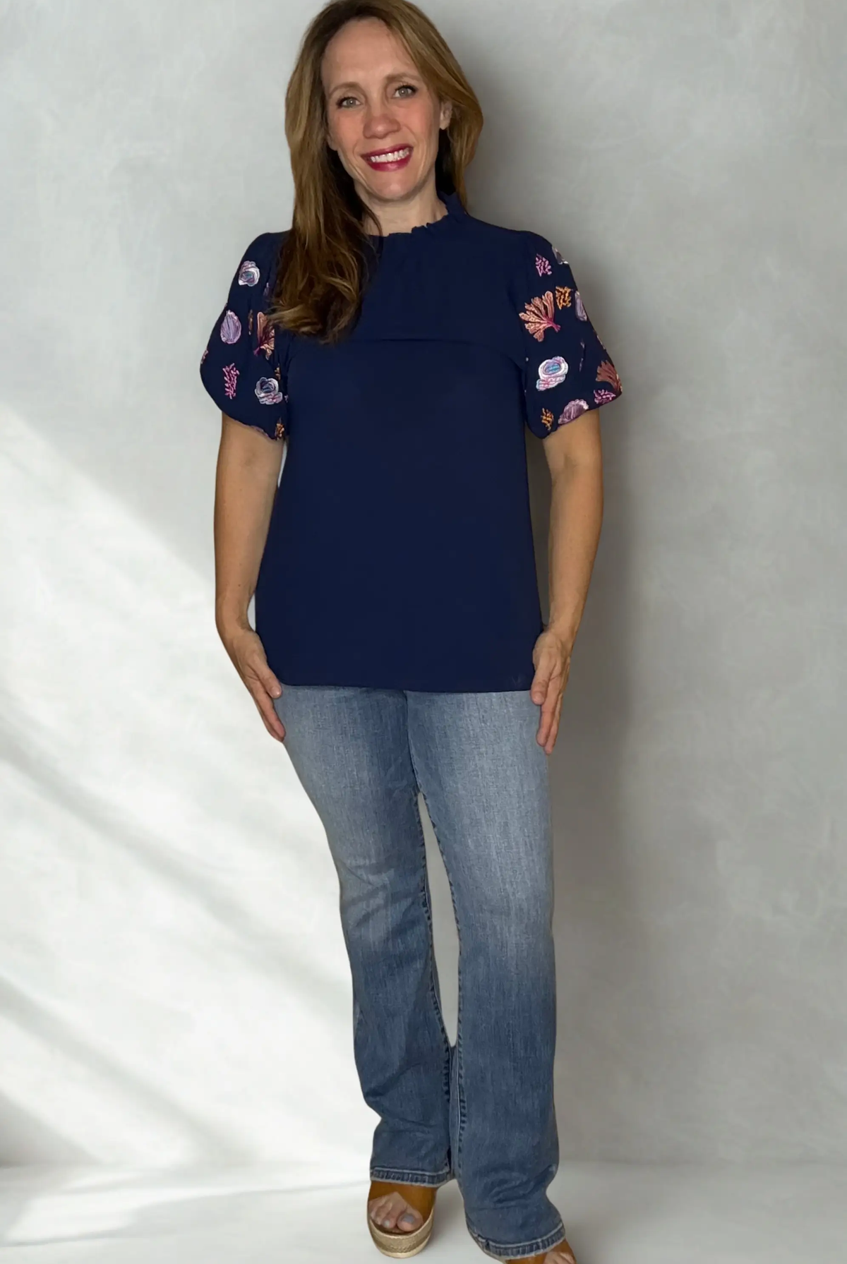Grateful Threads Boutique Nautical Embroidery Puff Sleeve Frilled Neck Blouse - Blouses Embroidered puff sleeve