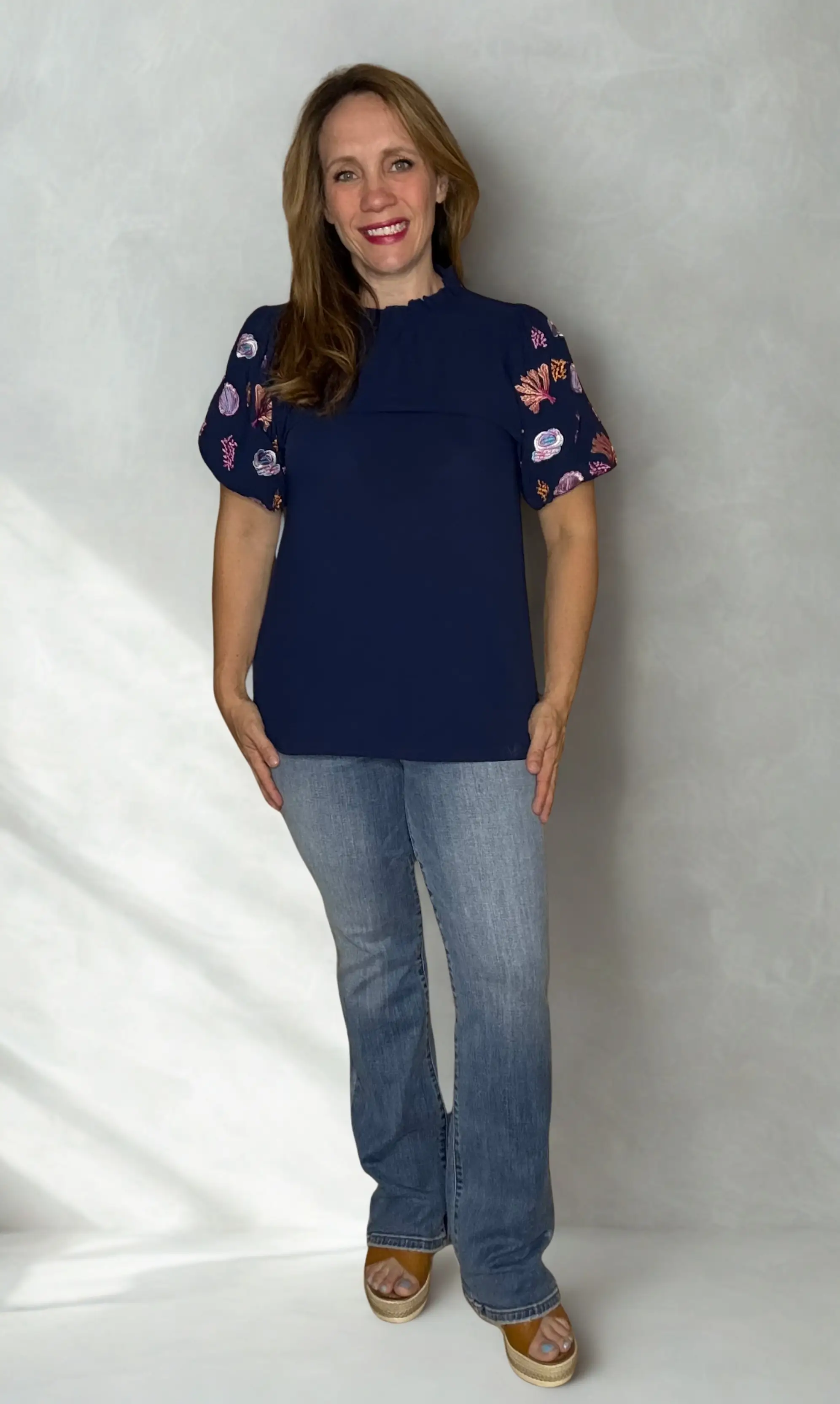 Grateful Threads Boutique Nautical Embroidery Puff Sleeve Frilled Neck Blouse - Blouses Embroidered puff sleeve