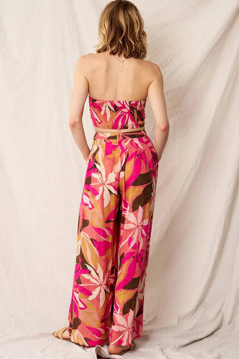 En Crème En Crème Pink Multi Printed Pleated Wide Leg Pants - Pants