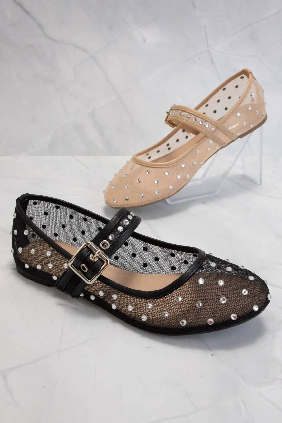 CCOCCI CCOCCI Rhinestone Embellished Mesh Mary Jane Flats - Shoes Rhinestone embellished Mary Jane Flats
