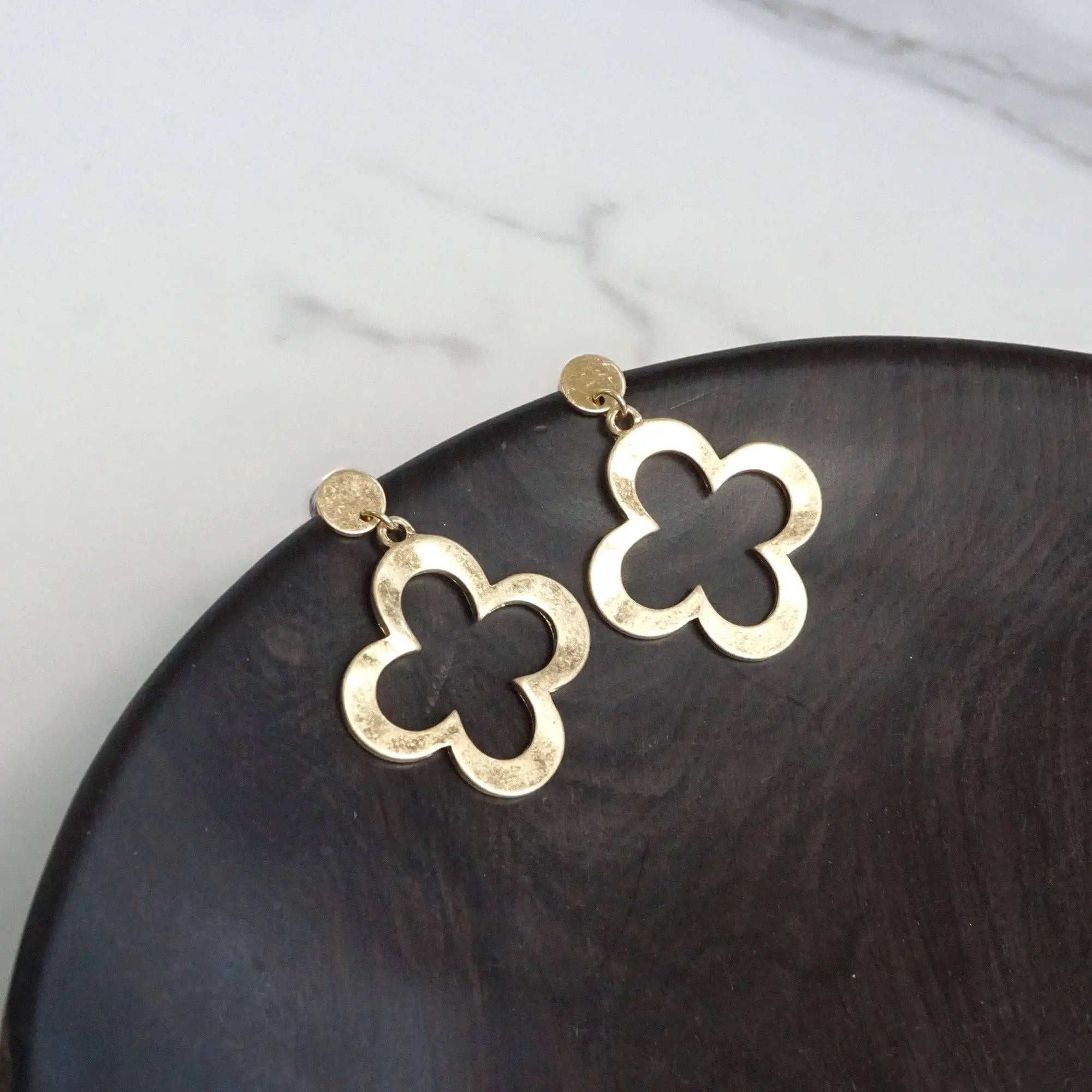 PennyLine inc The Hammered Clover Distressed Drop Earrings: Gold - Jewelry hammered drop earrings