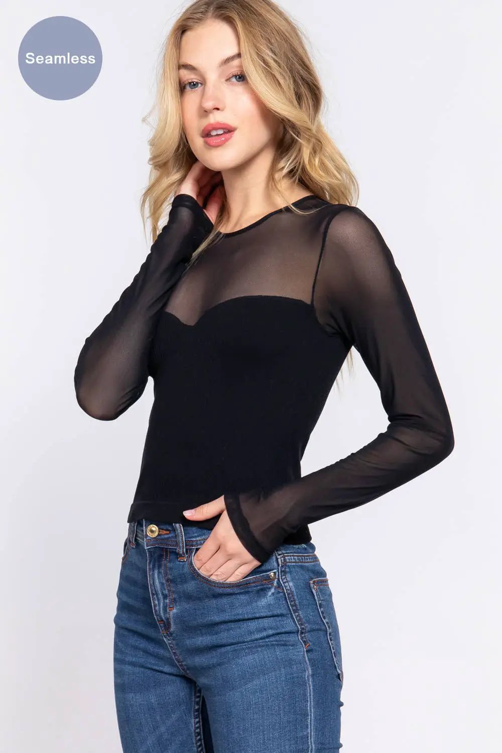 Active Basic | Active USA Sweetheart Illusion Black Mesh Top - Blouses