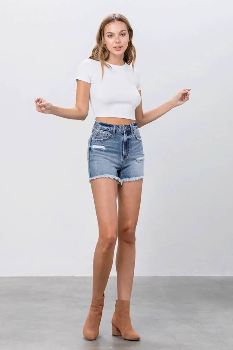 Insane Gene USA The High Rise Frayed Hem Mom Shorts - Denim Shorts shorts