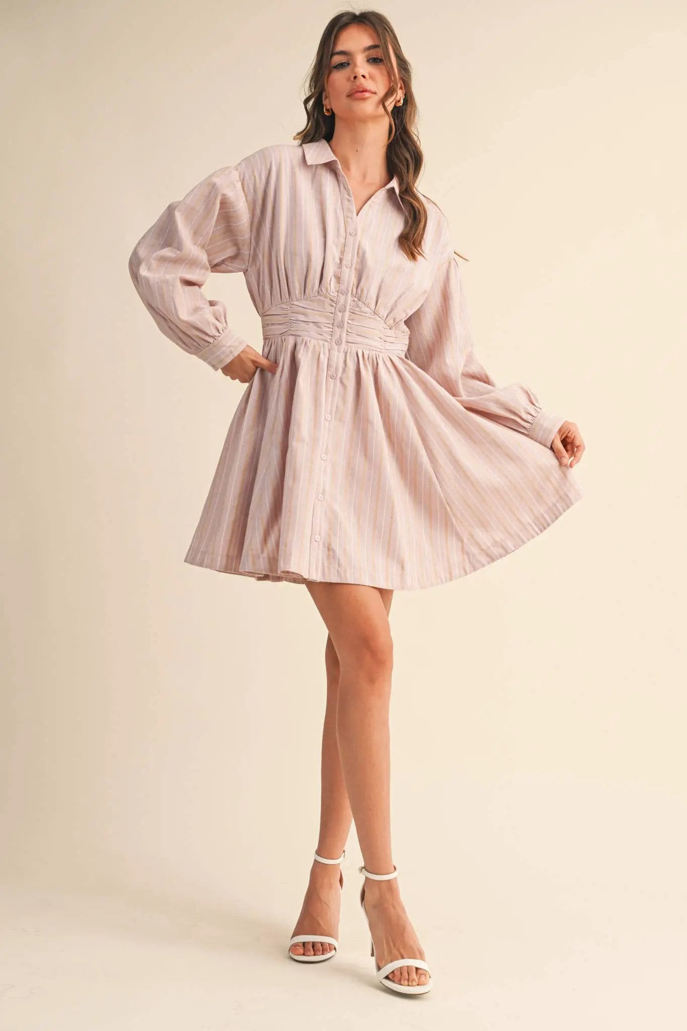 &MERCI Blushing Stripes Ruched Waist Mini Dress - Dresses