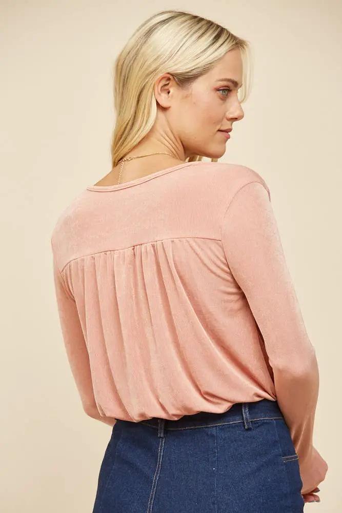 WISTERIA LANE Wisteria Lane - Soft Blush Slinky Surplice Long Sleeve Bodysuit - Bodysuits