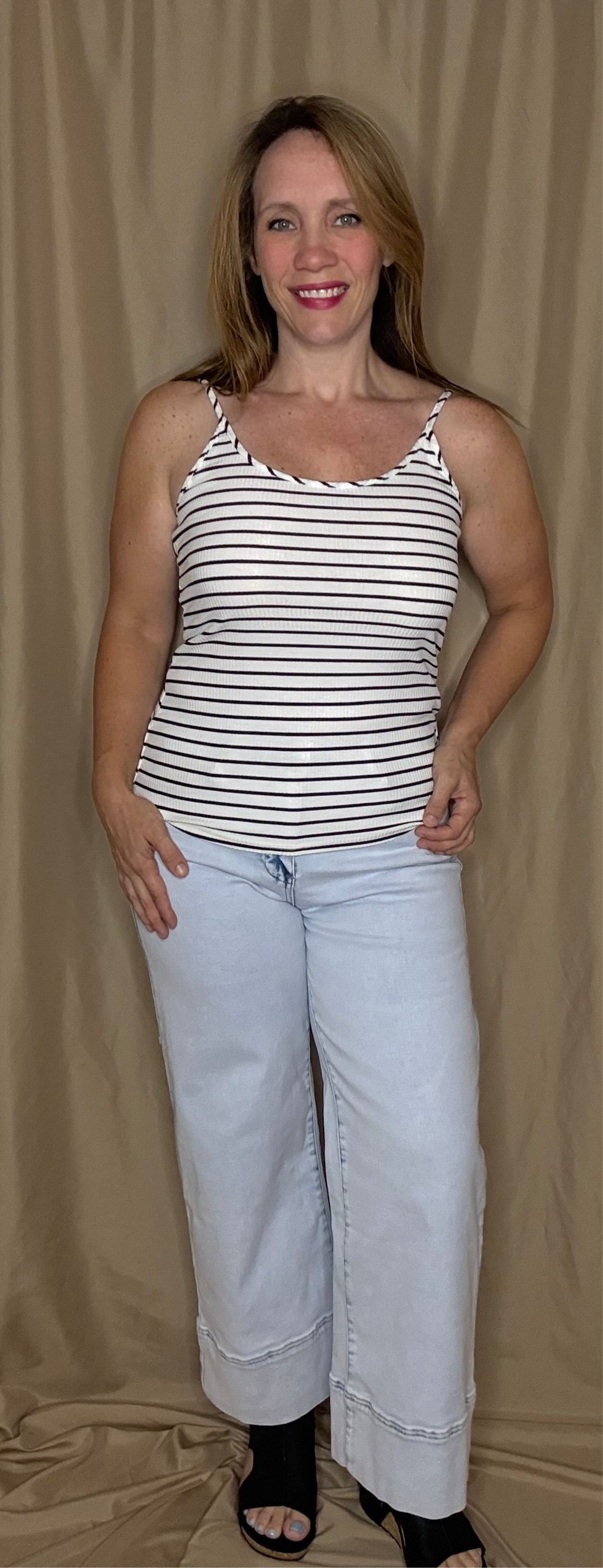 Grateful Threads Boutique White with Black Stripe Adjustable Straps Ribbed Knit Tank Top - Tank Tops White with black stripe tank top cami