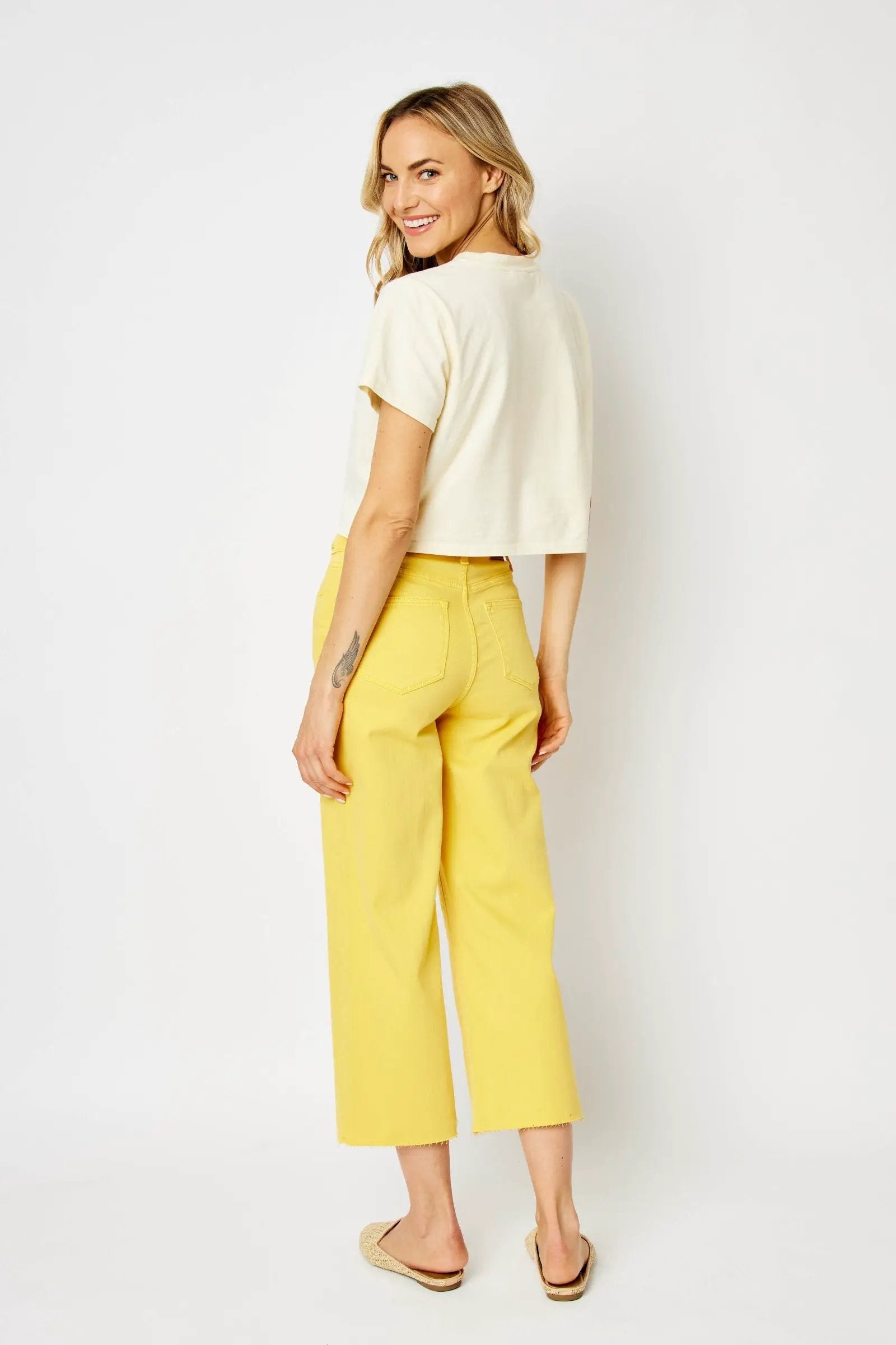 Judy Blue The Braided Waist Band Yellow Cropped Wide Leg Jeans - Jeans Judy Blue High Waisted Yellow Garment Dyed Braided Waist Band Cropped Wide Leg Denim Jeans