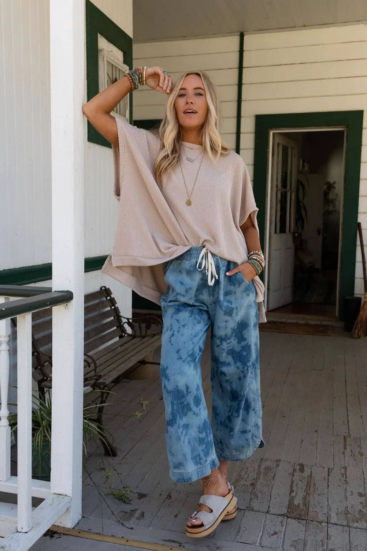 Three Bird Nest Three Bird Nest - So Comfy Wide Leg Cropped Pant - Bleach Dye Denim - Pants