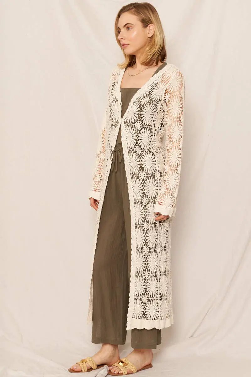 En Crème En Crème Natural Flower Pattern Crochet Maxi Kimono Cardigan - Cardigans