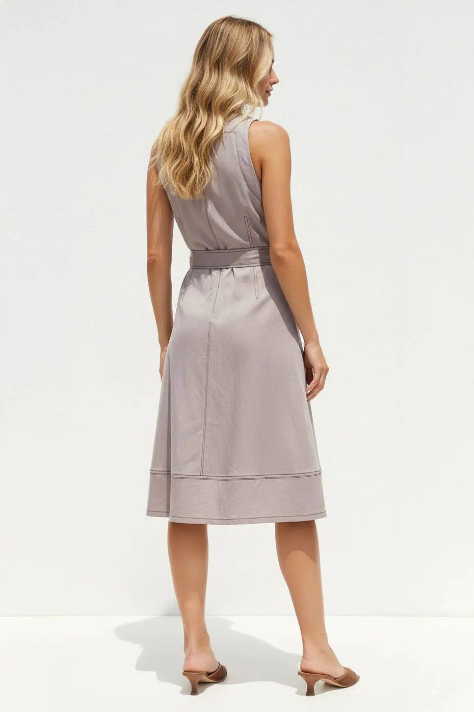 Naked Zebra The Contrast Stitch Sleeveless Belted Midi Dress: RED BEAN - Dresses