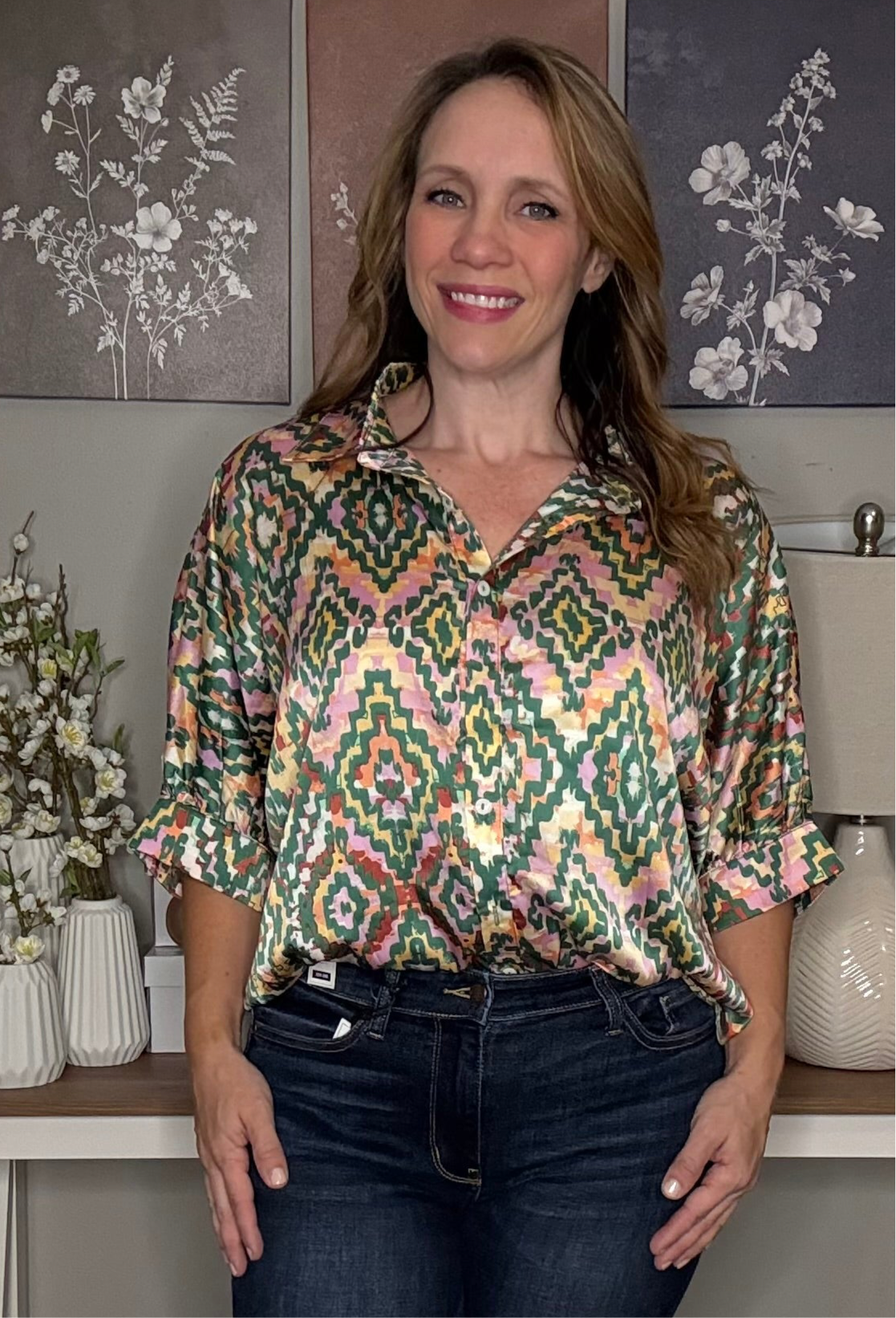 Grateful Threads Boutique Dark Green Abstract Print Half Sleeve Button up Loose Shirt - Shirts Dark Green Abstract Print Half Sleeve Button up Loose Shirt