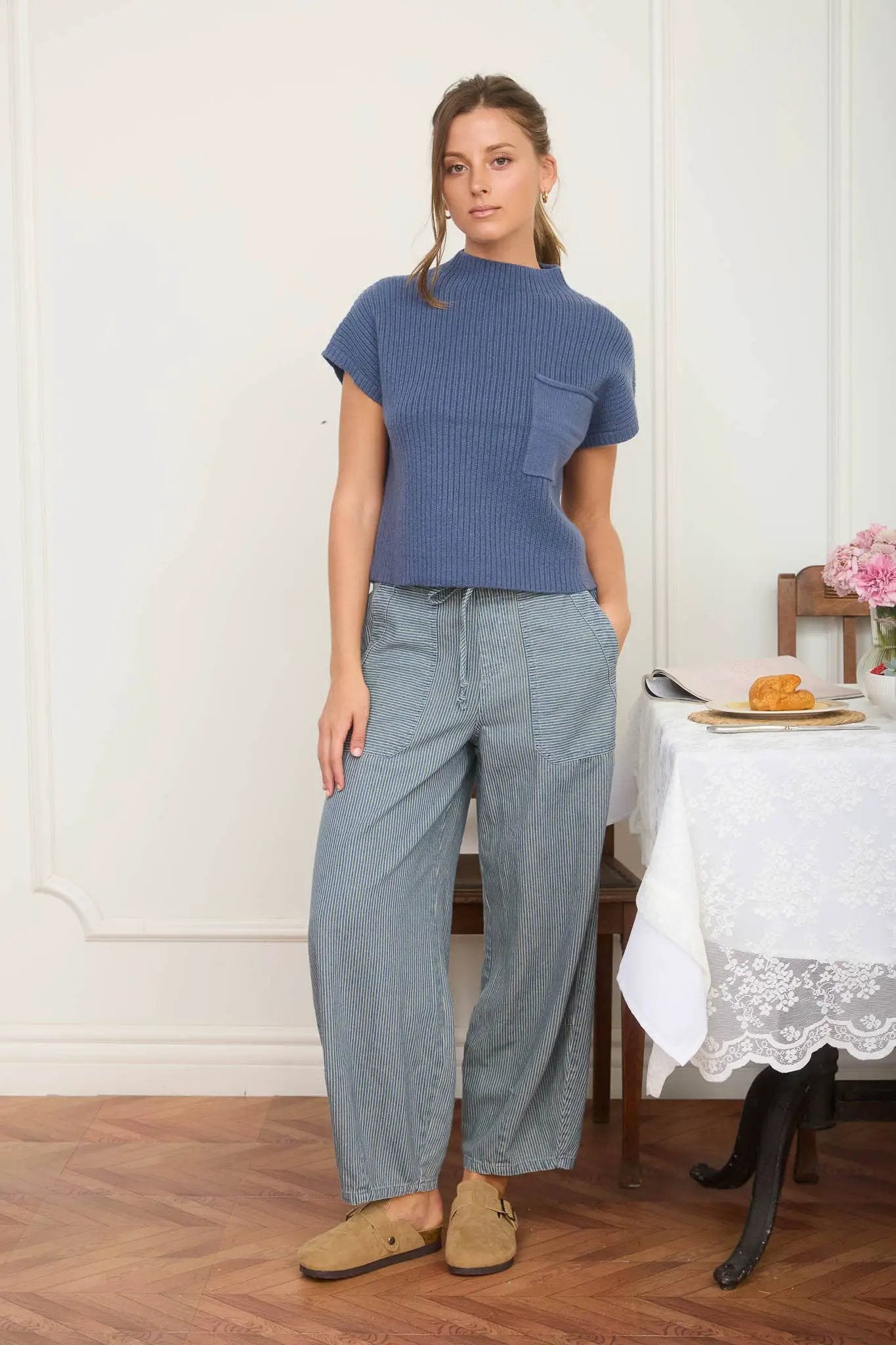 Blu Pepper Blu Pepper High-Waist Stripe Denim Parachute Pants with Drawstring Tie - Pants