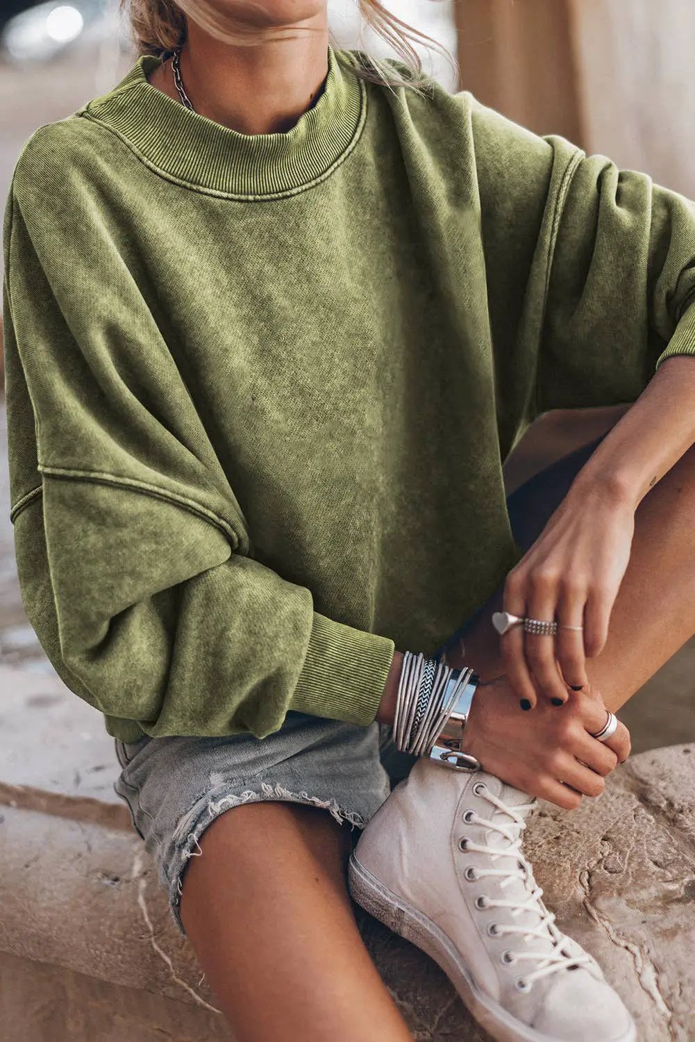 Suhkasana Army Green Mineral Washed Mock Neck Crewneck Sweatshirt - Sweatshirts