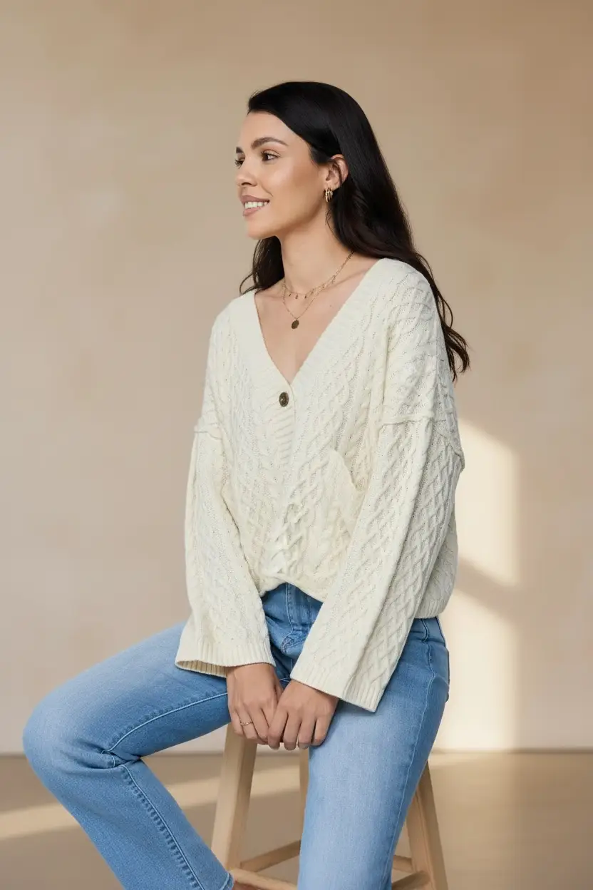 Lovesoft Lovesoft - 100% Acrylic Relaxed Cozy Cable Knit Cardigan - Apricot - Cardigans
