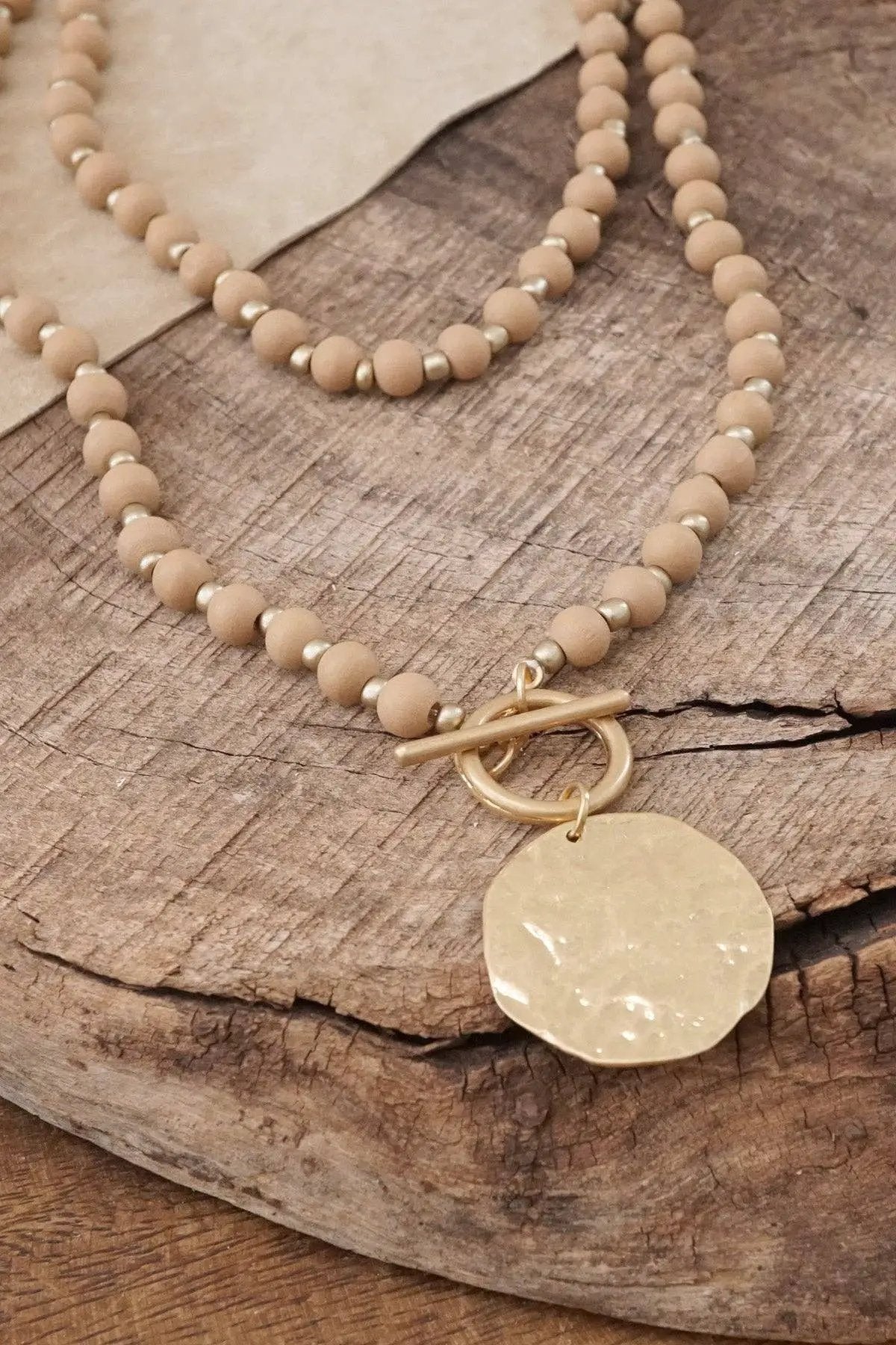 PennyLine inc PennyLine inc - Multi Strand Wooden Beads Short Coin Necklace in Neutral and - Necklaces multi strand wooden beads short coin necklace