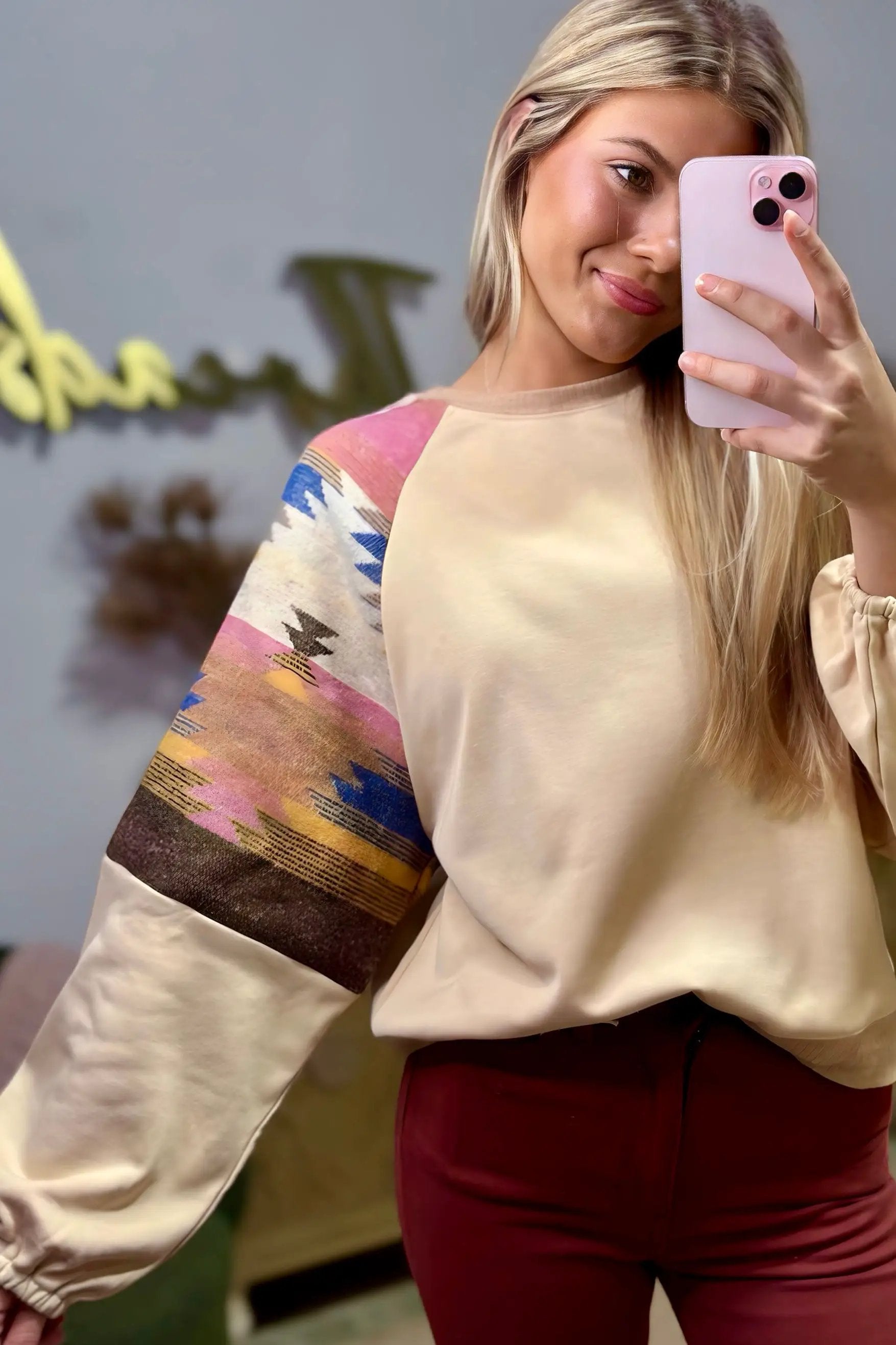 Grateful Threads Boutique Light French Beige Aztec Patchwork Raglan Pullover Sweatshirt - Sweatshirts Light French Beige Aztec Patchwork Raglan Pullover Sweatshirt