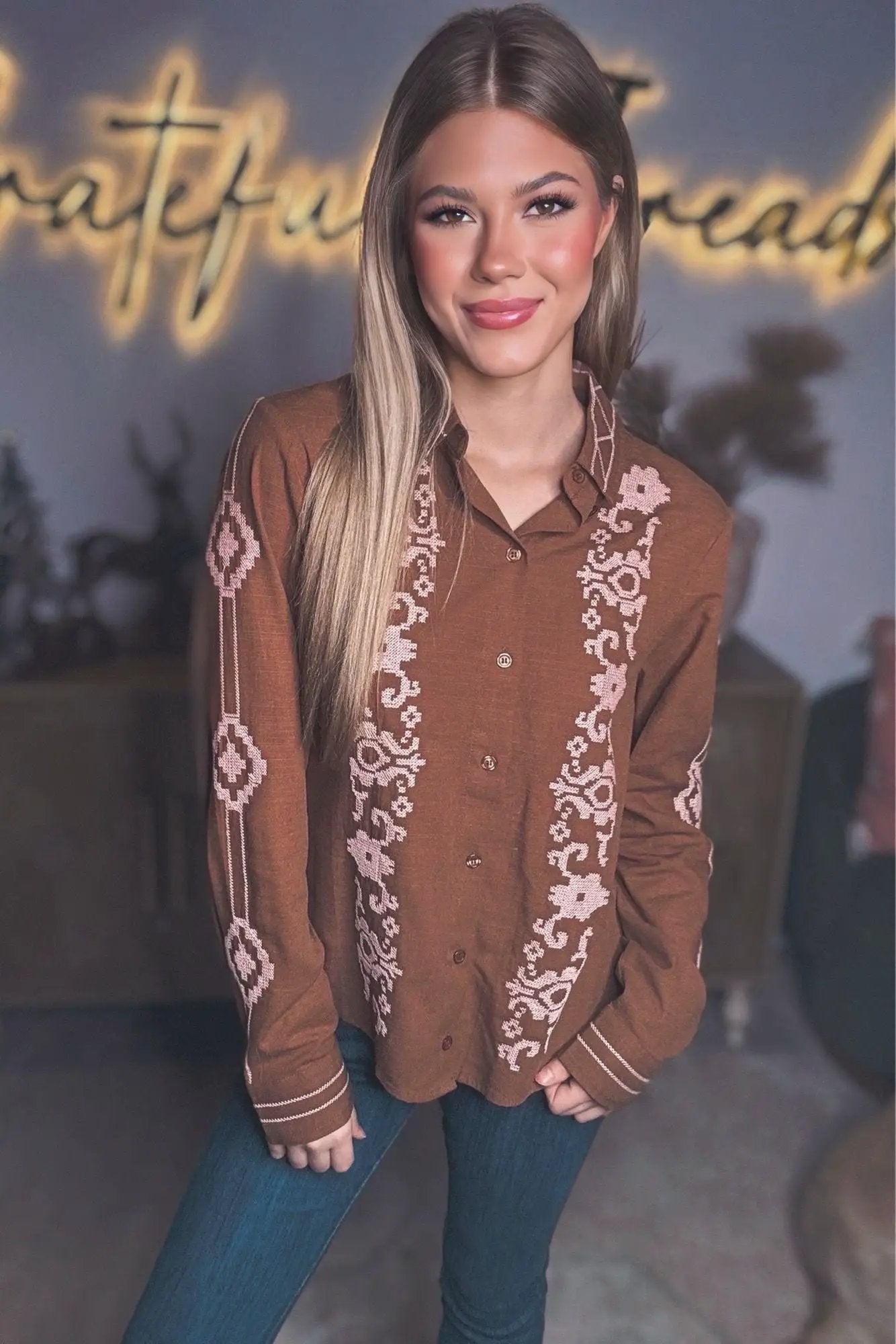 &MERCI &merci - Embroidered Button-Up Top in Mocha Brown - Blouses