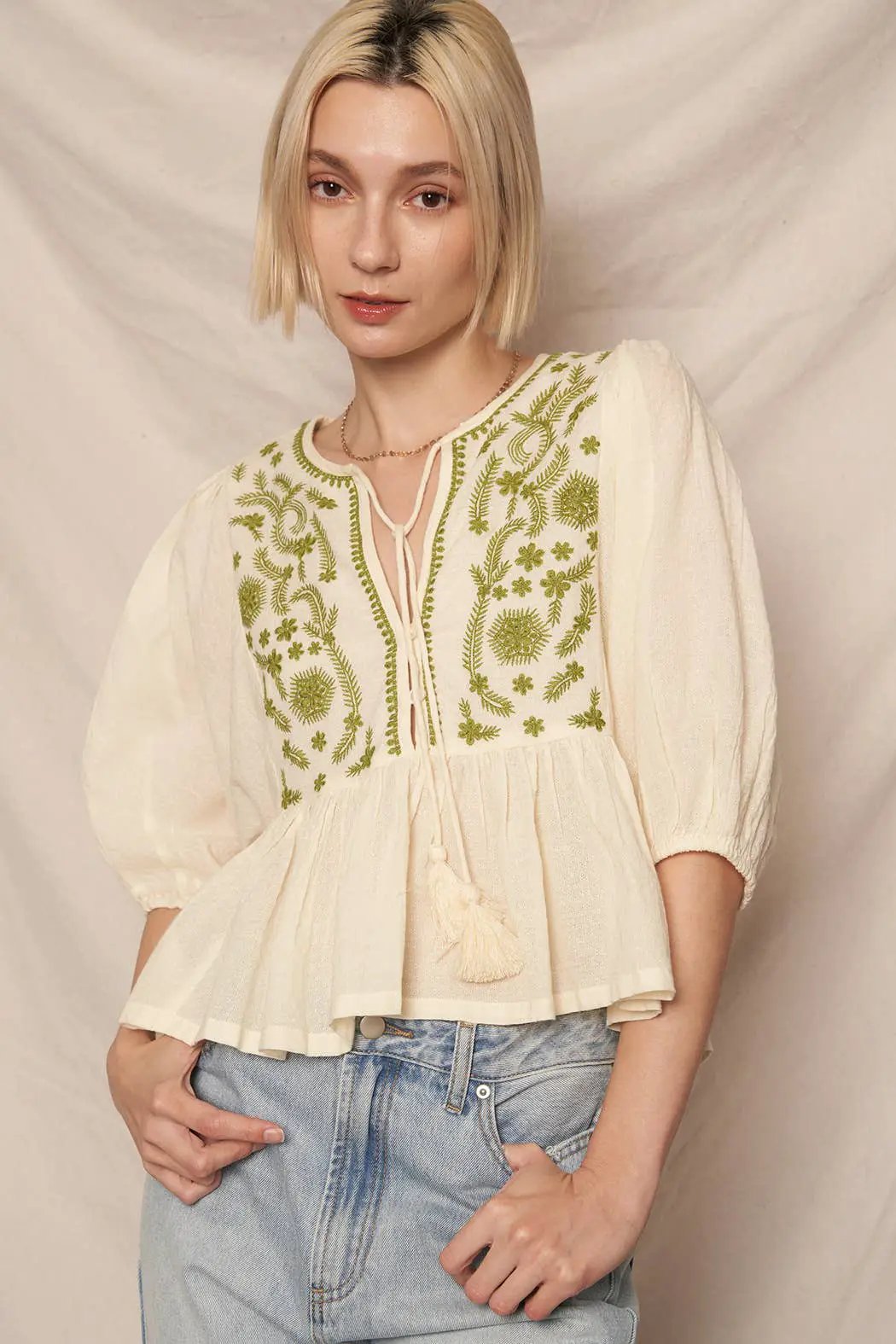 En Crème En Crème Cream Olive Puff Sleeve Peplum Top with Embroidery Detail - Blouses summer crop top