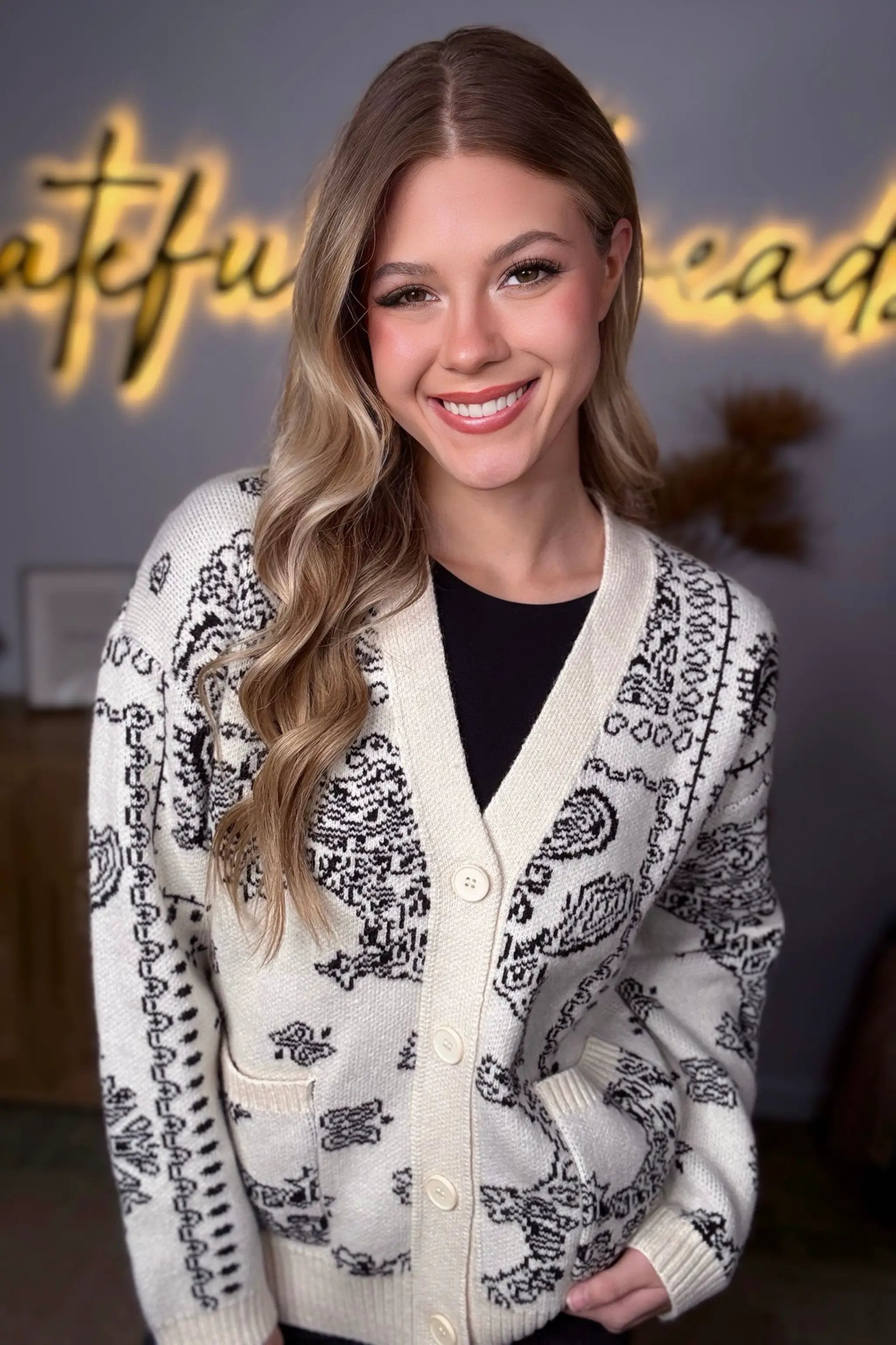 Grateful Threads Boutique Cream & Black Chunky Bandana Knit Oversized Cardigan - Cardigans