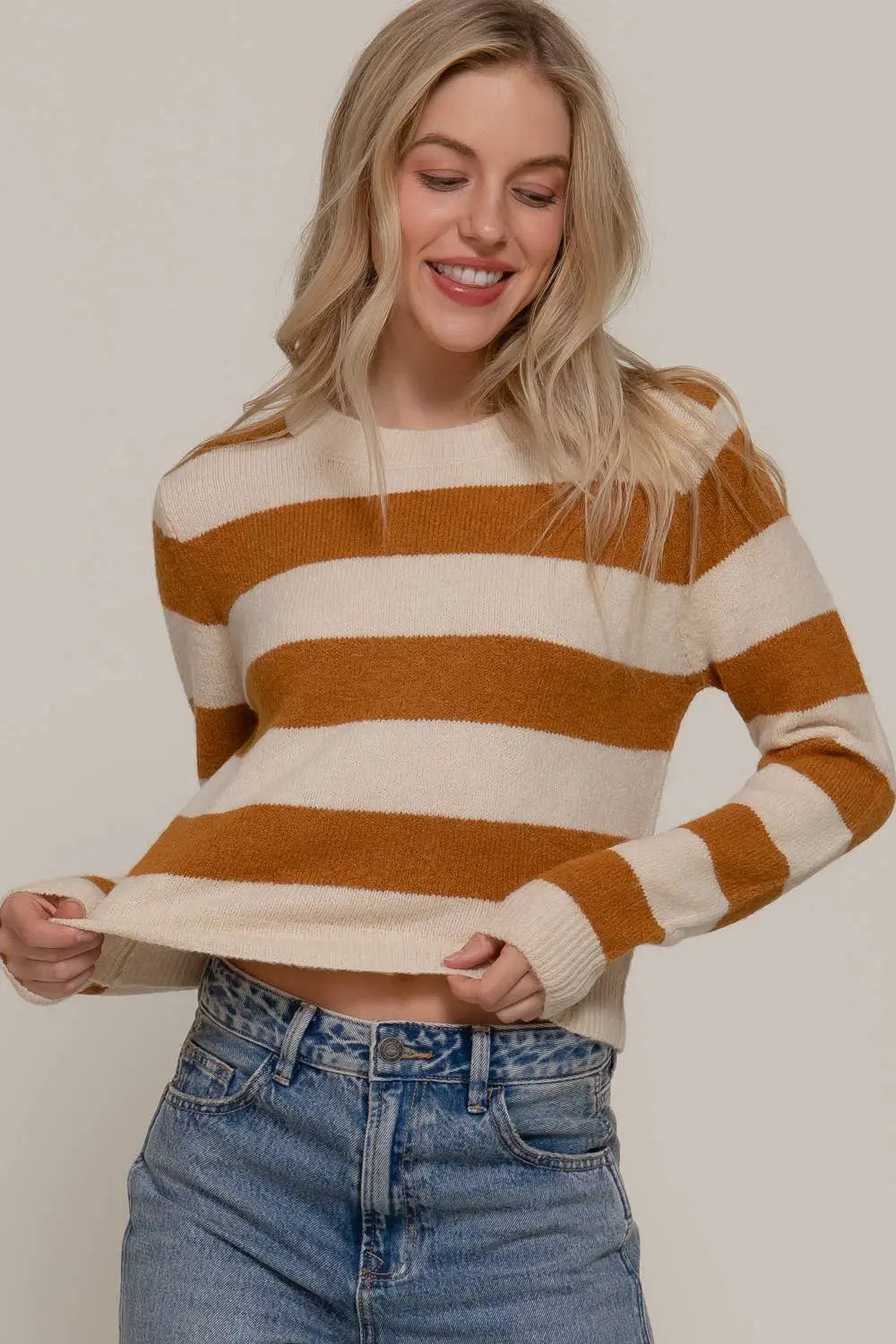 Active Basic | Active USA Active Basic | Active USA - Long Sleeve Crew Neck Stripe Sweater: Camel/Ivory - Sweaters tops-sweaters