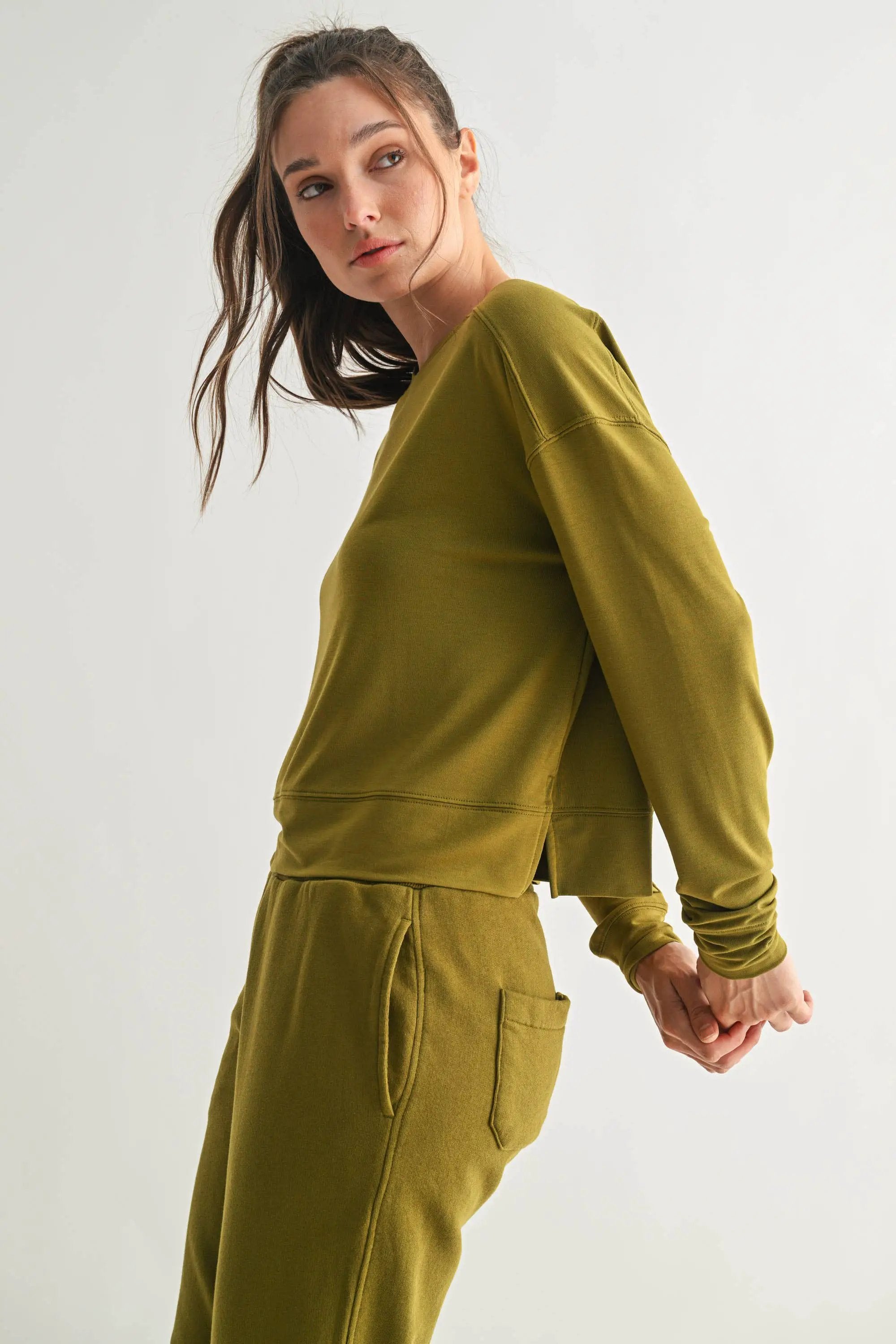 Mono B Mono B - Easy Edge Boxy Long Sleeve in Camo Green - Sweatshirts Mono B - Easy Edge High Low Long Sleeve Top