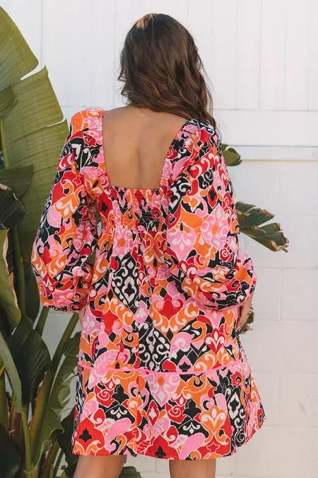 Grateful Threads Boutique Pink Bohemian Square Neck Mini Dress - Dresses