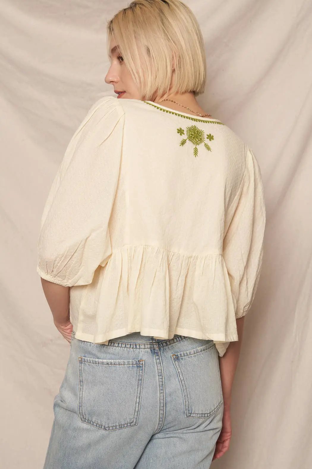 En Crème En Crème Cream Olive Puff Sleeve Peplum Top with Embroidery Detail - Blouses summer crop top