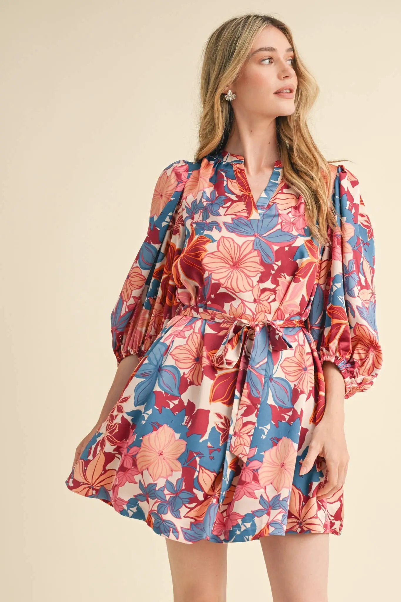 &MERCI Exclusive Blush Multi Floral Puff Sleeve Tie-Waist Mini Dress - Dresses