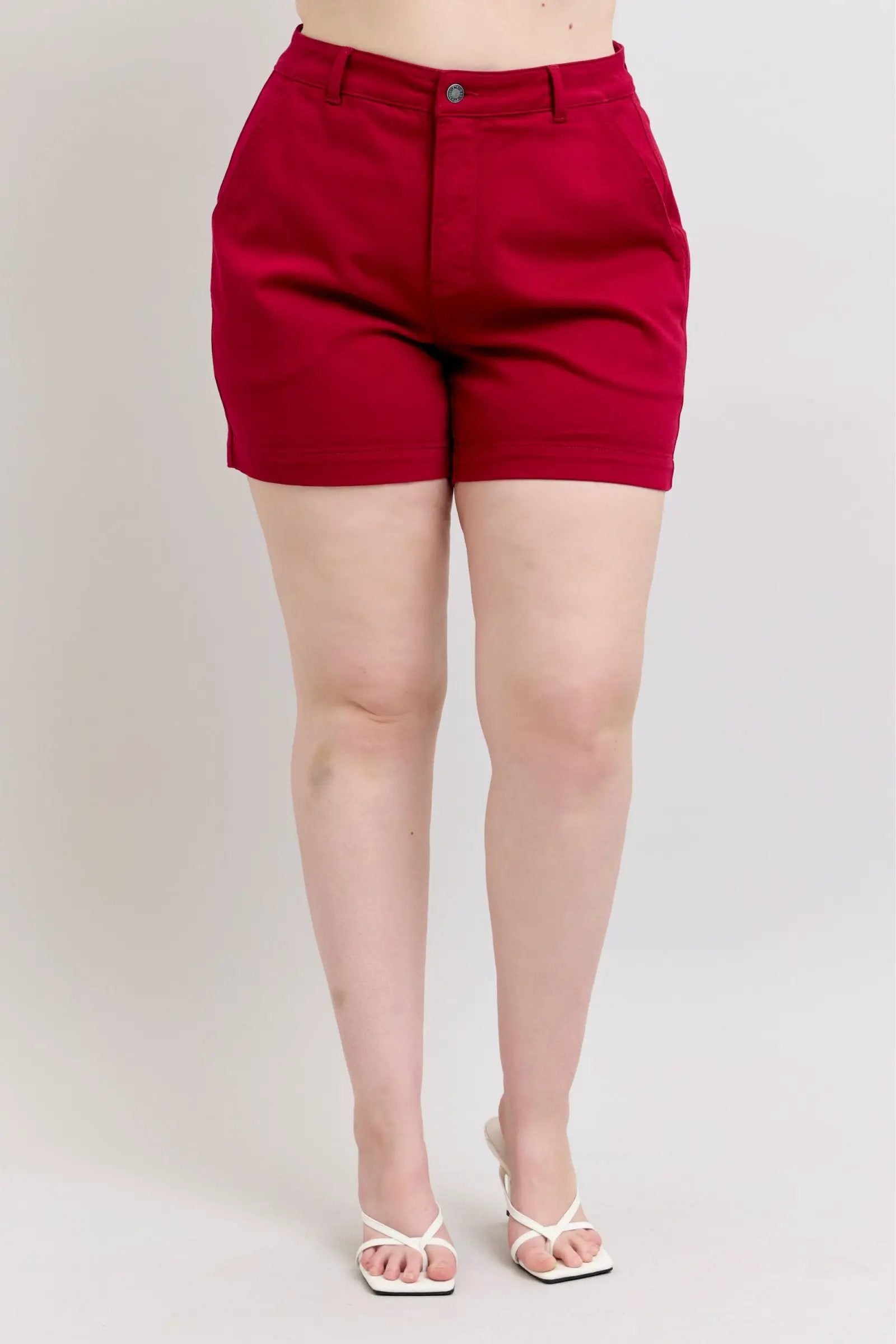 Judy Blue Judy Blue High Waist Tummy Control Garment Dyed Shorts with Heart Pockets in Scarlet PLUS - Shorts Judy Blue High Waist Tummy Control Garment Dyed Shorts with Heart Pockets in Scarlet PLUS