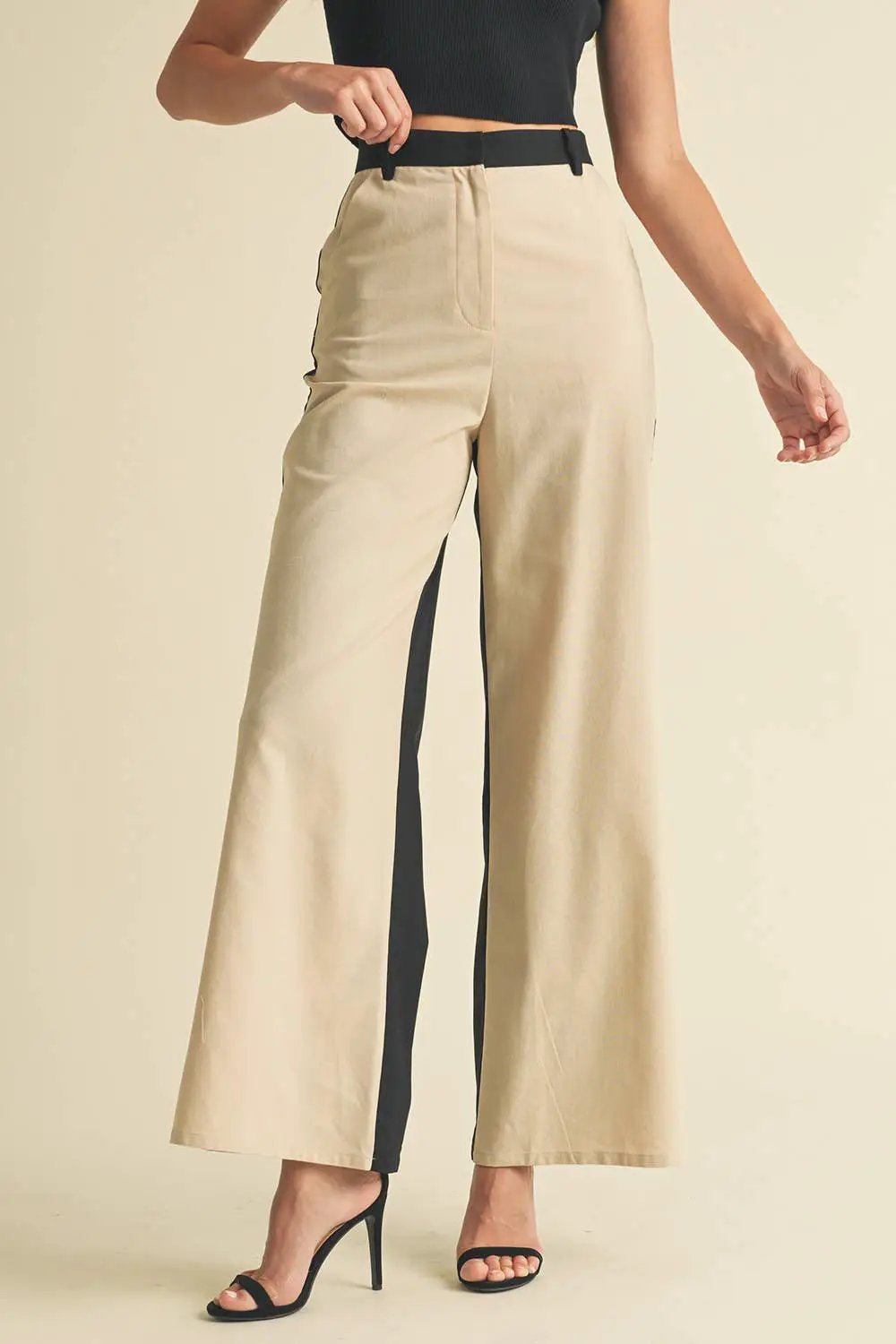 Endless Blu Endless Blu Black/Almond Color Block Linen Trouser Pants - Pants