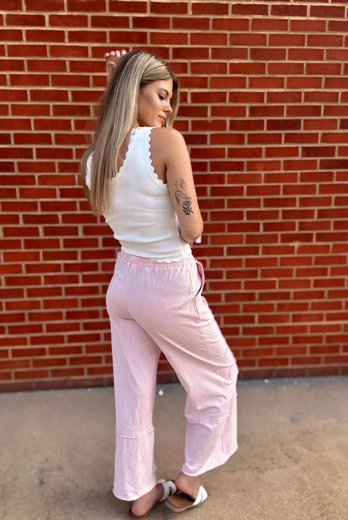 Grateful Threads Boutique Pink Flower Patch Mineral Washed Terry Knit Cropped Wide Leg Pants - Loungewear Bottoms Pink Flower Patch Mineral Washed Terry Knit Cropped Wide Leg Pants