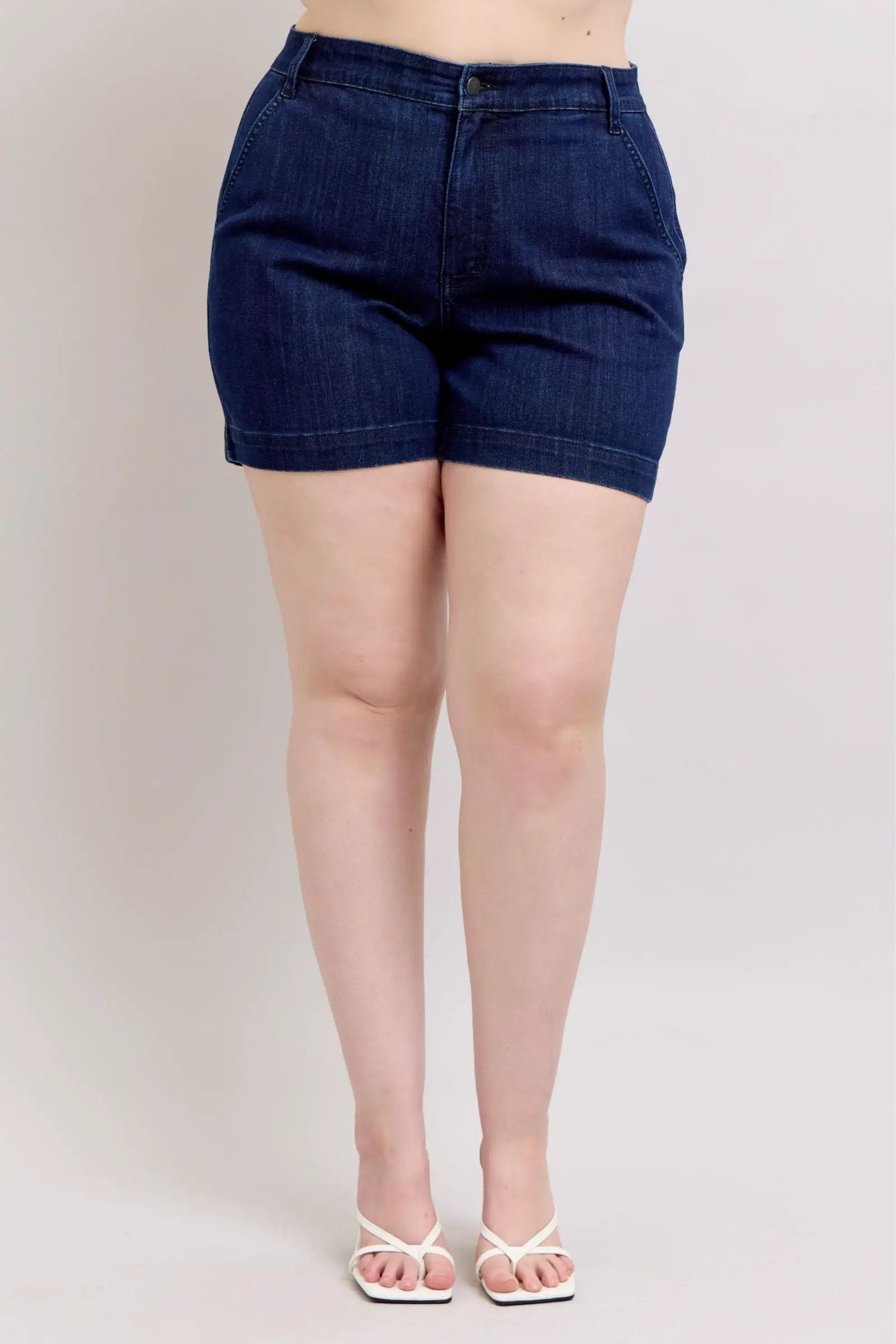 Judy Blue The High Waist Tummy Control Dark Denim Trouser Shorts: CURVY - Shorts