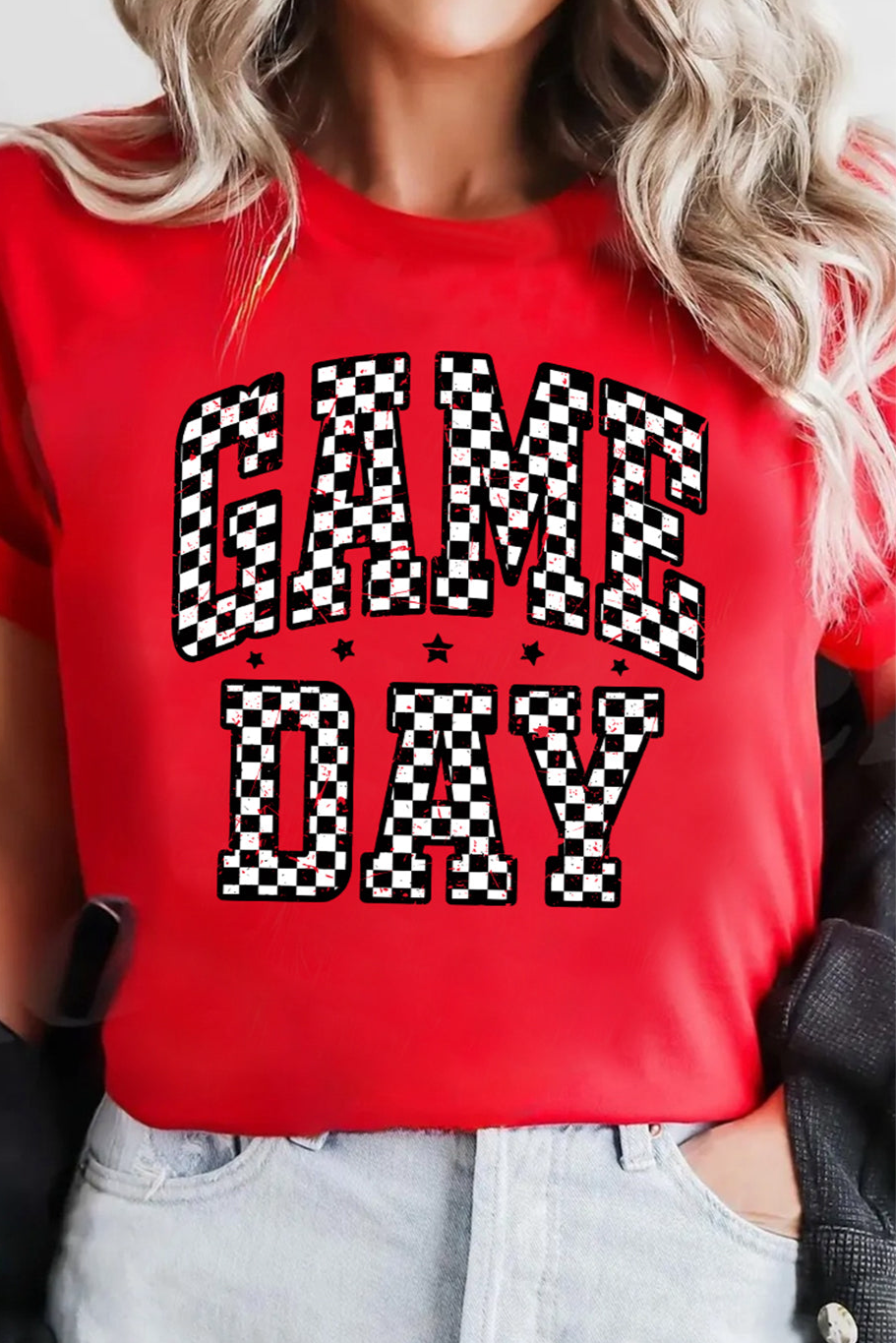 Grateful Threads Boutique Red Checkered Game Day Graphic Tee - T-Shirts Red Checkered Game Day Graphic Tee
