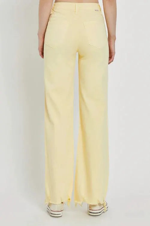 RISEN The High Rise Wide Leg Frayed Hem Jeans: Pale Yellow - Jeans