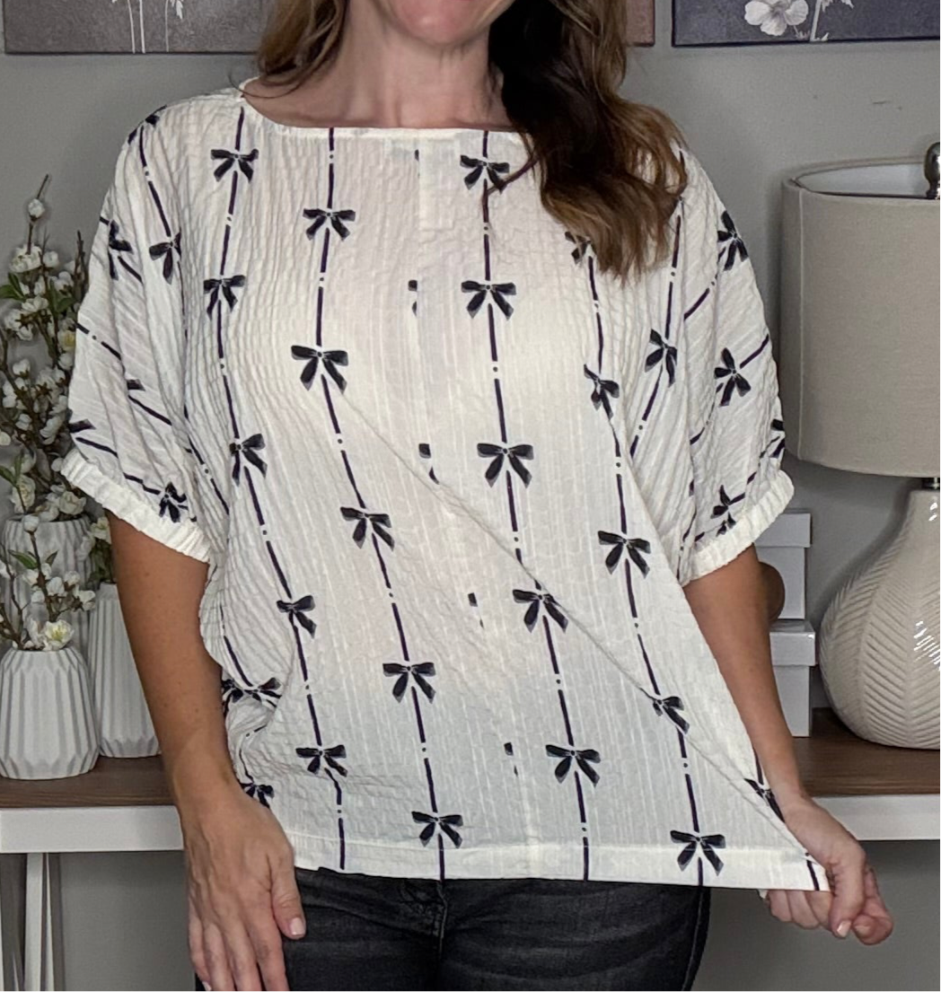 Grateful Threads Boutique Beige Bow Print Puff Short Sleeve Top - Clothing Tops Beige Bow Print Puff Short Sleeve Top