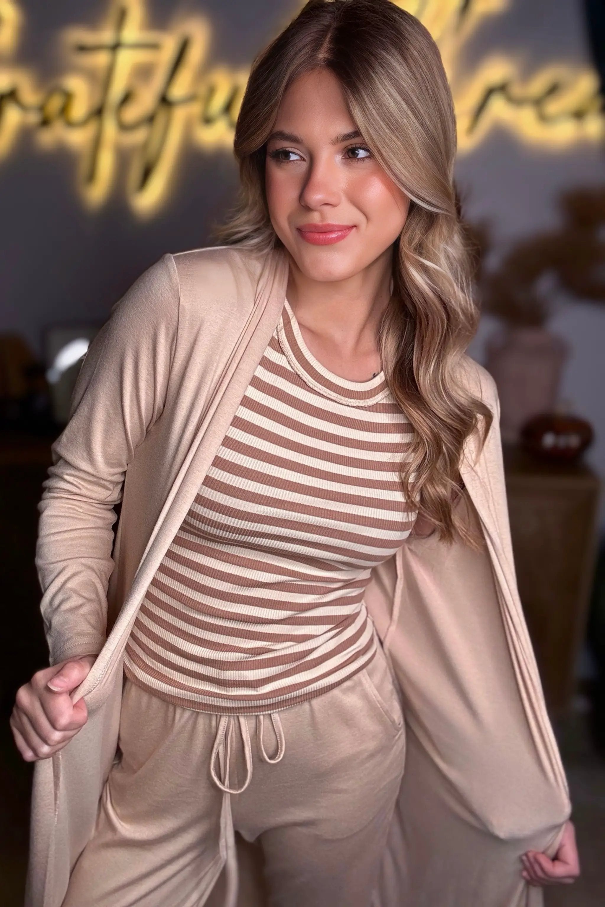 Grateful Threads Boutique Parchment Split Long Cardigan and Skinny Pants Lounge Set - Loungewear