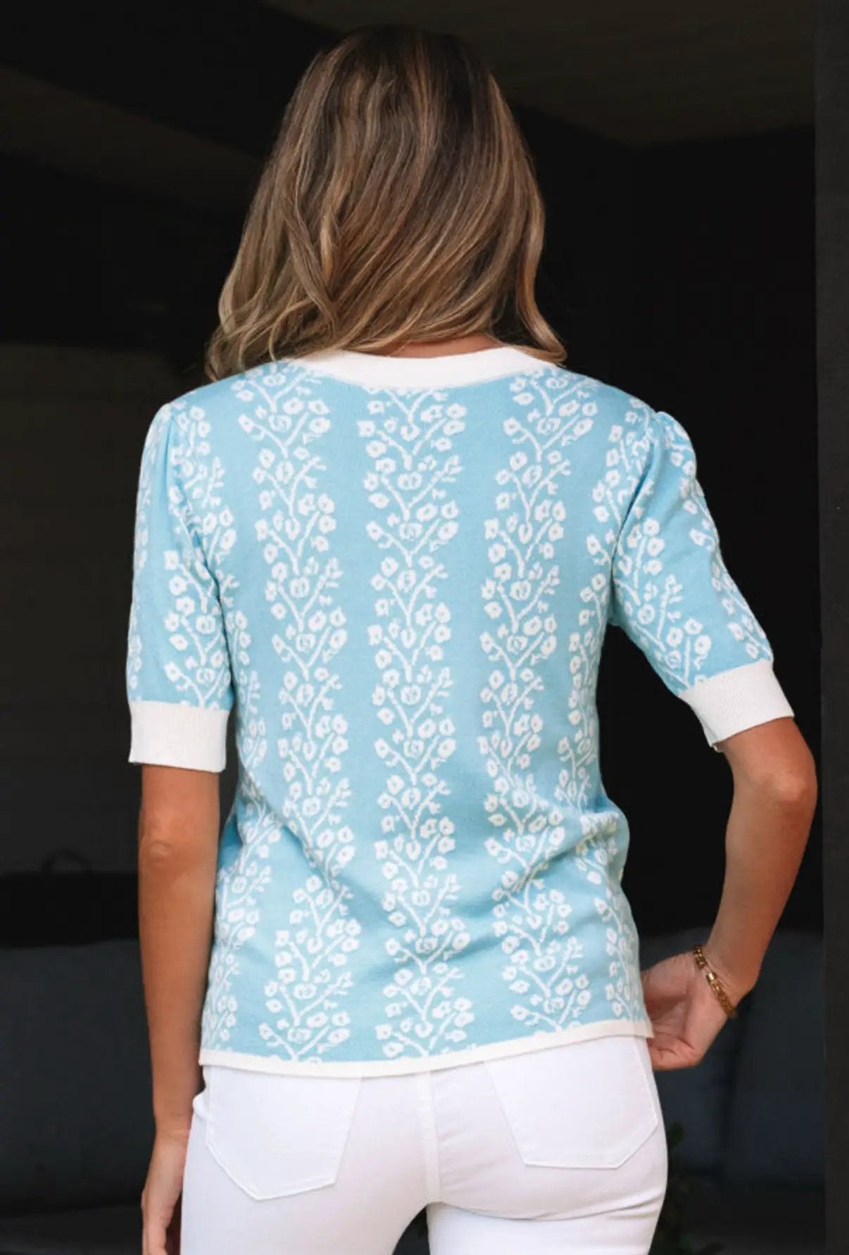 Grateful Threads Boutique Blue Skies & Blooms Crewneck Short Sleeve Knit Sweater - Sweaters Sky Blue Contrast Floral Crewneck Short Sleeve Sweater