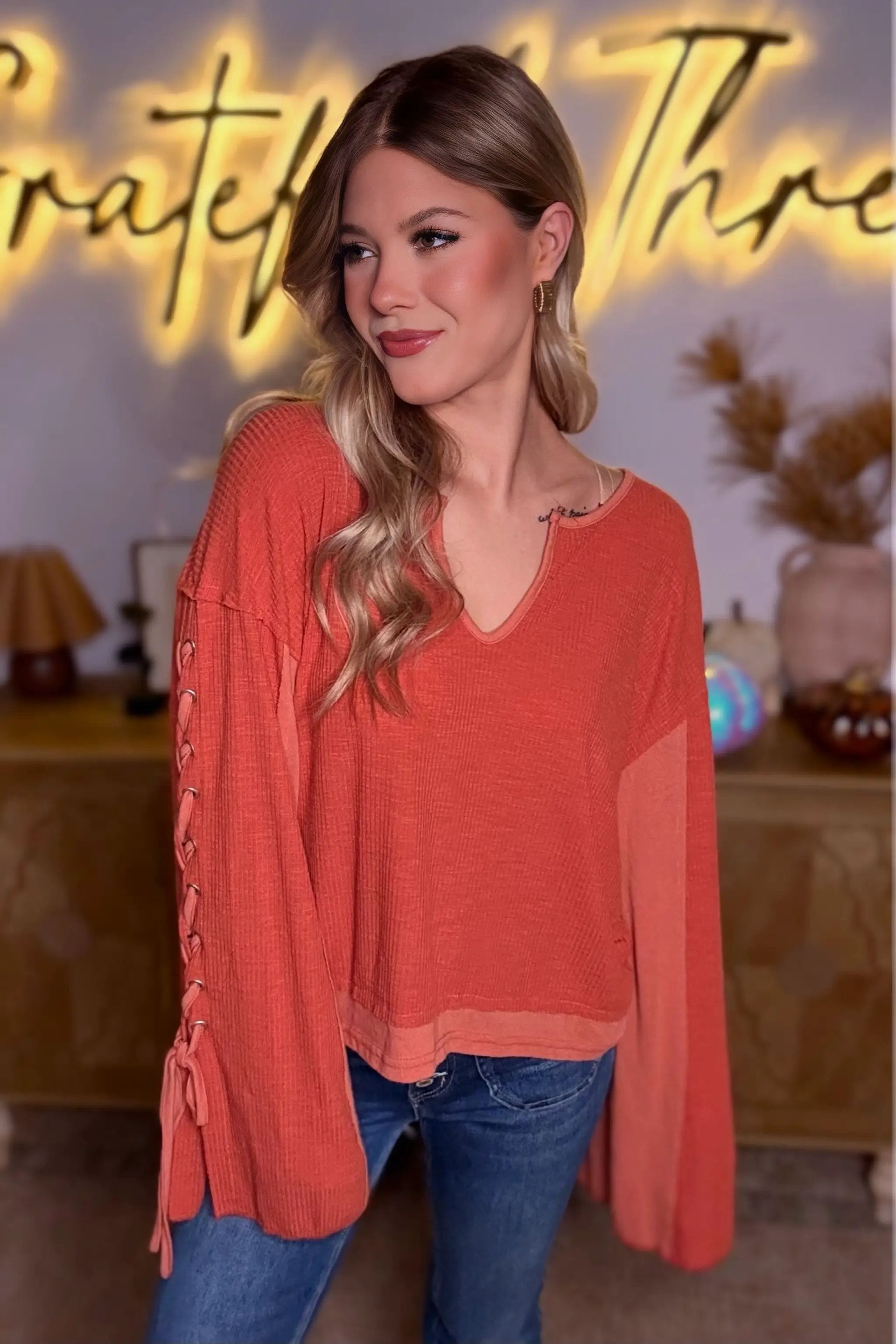 POL POL Notched Neck Lace Up Sleeve - Shirts